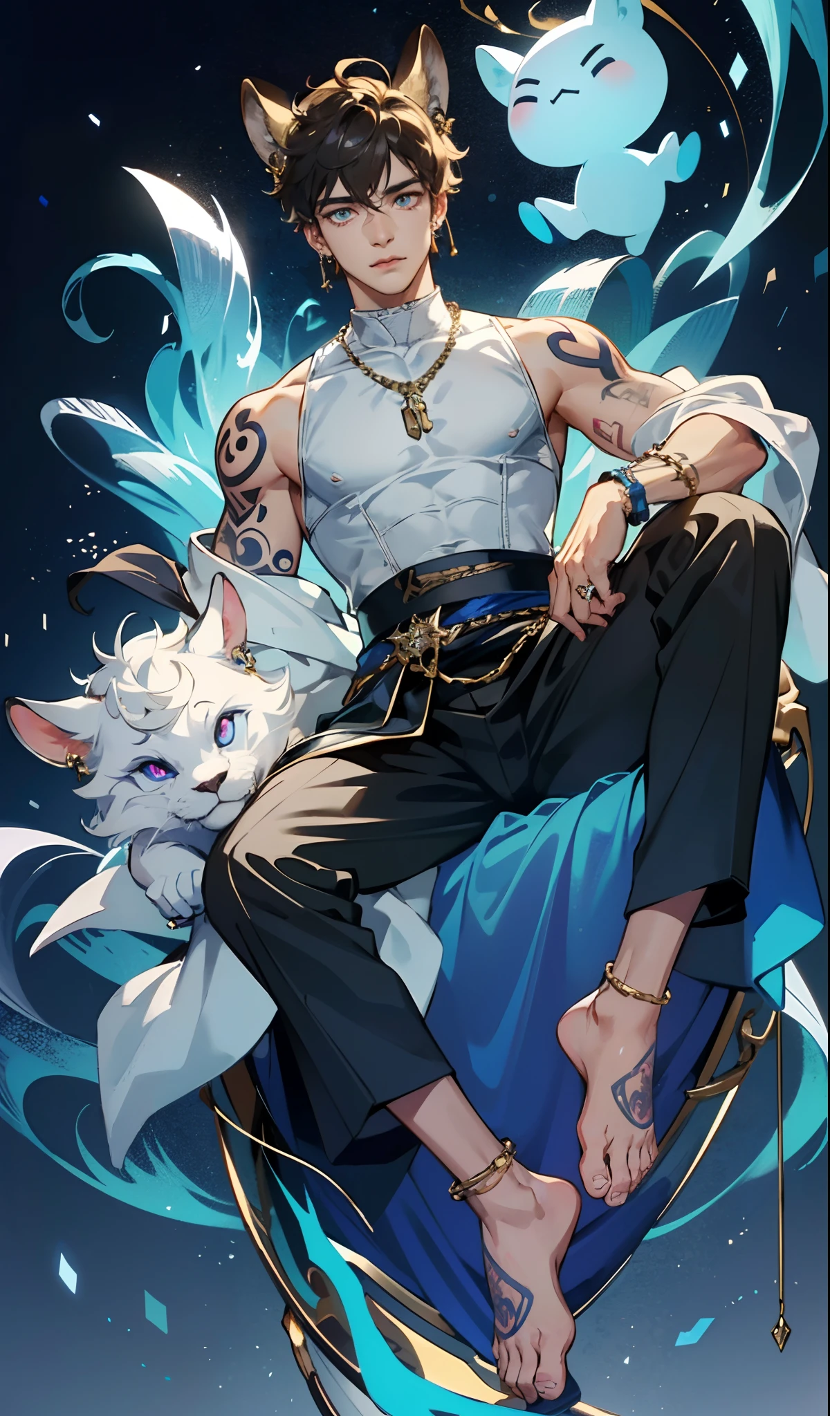 Handsome boy，glowing light eyes，There are earrings on the ears，Have a bracelet on your wrist，(There are metal ankle rings on the ankles:0.8），chest muscle，beast ear，Tattooed with，glowing light eyes