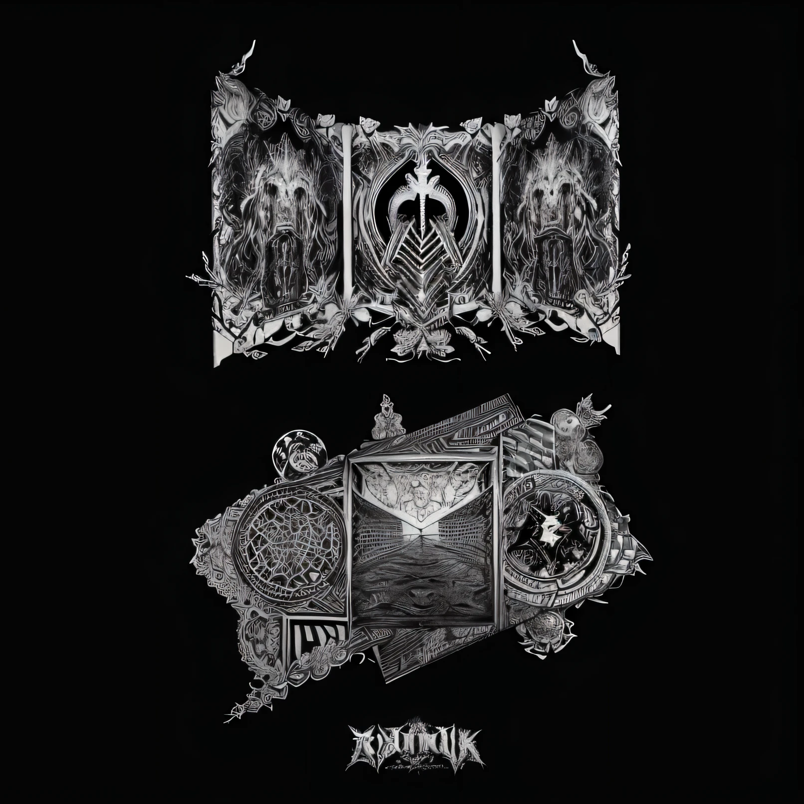 Black and white images of two different types of graffiti, Black and white ink style, caligrafiturism style, ink artwork, extremely detailed linework, Official artwork, Black metal logo, Detailed cover artwork, Detailed artwork, high detailed official artwork, Black metal band font, album covers, tattoo stencil, artwork of a, Black and white artwork, official poster artwork