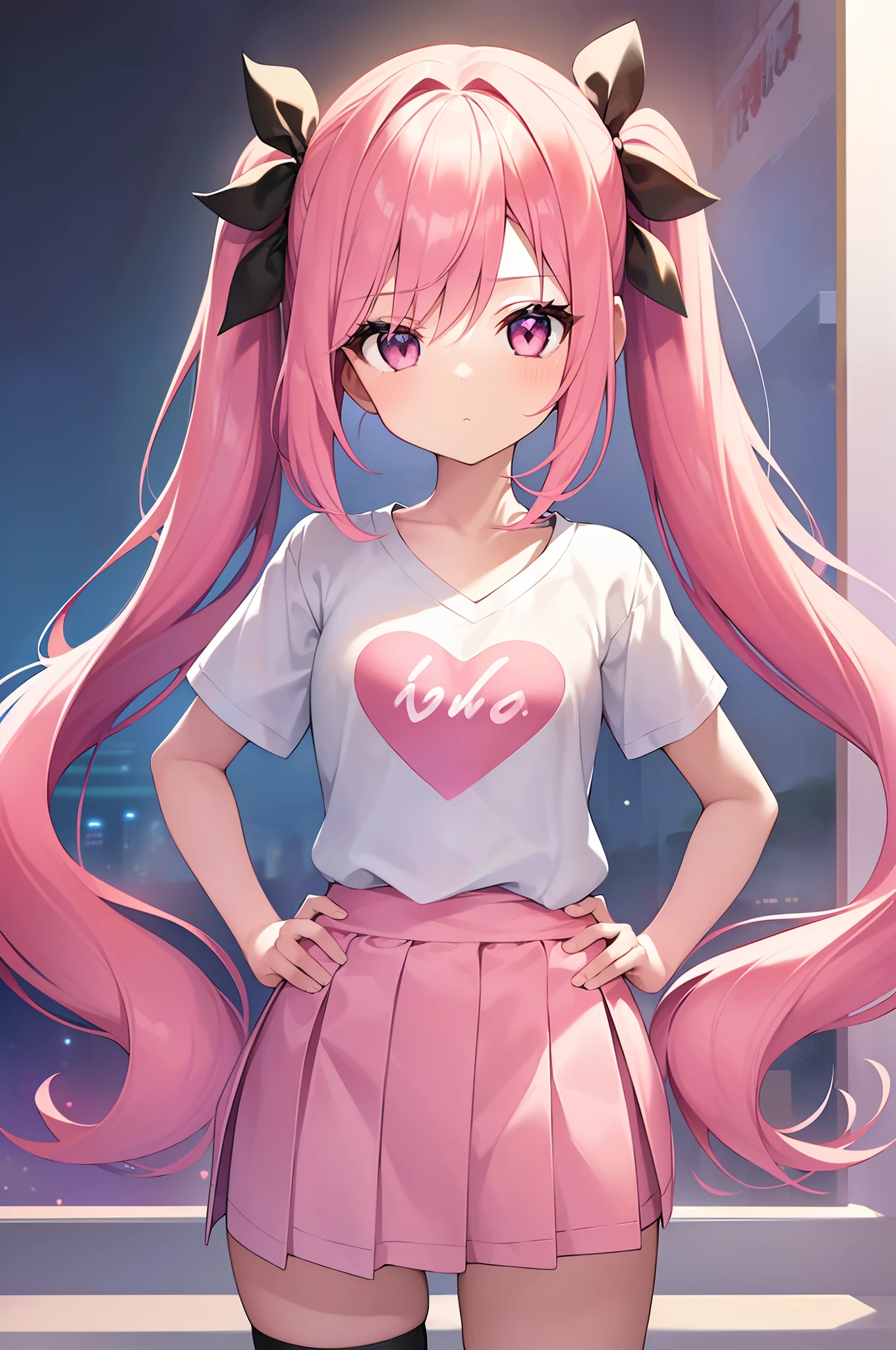 1girl. pink hair.long hair.twintails.{loli}.short stature.small breast.white t-shirts.skirt. (((masterpiece))).(((best quality))).)((ultra-detailed))).(((illustration))). (((put your hands on your hips))).(((night view))).(((Heart on chest))).make a fist.