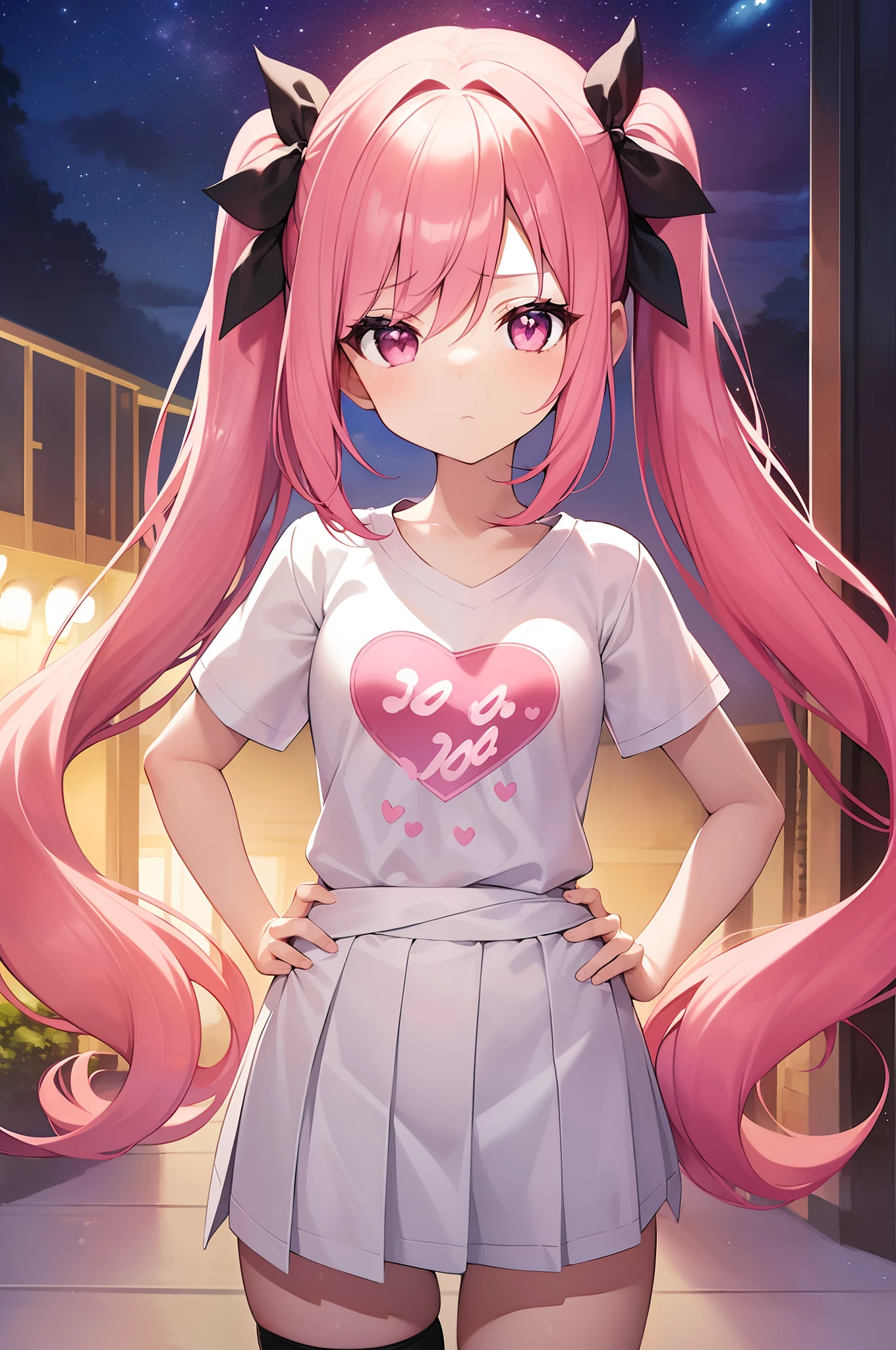 1girl. pink hair.long hair.twintails.{loli}.short stature.small breast.white t-shirts.skirt. (((masterpiece))).(((best quality))).)((ultra-detailed))).(((illustration))). (((put your hands on your hips))).(((night view))).(((Heart on chest))).make a fist.