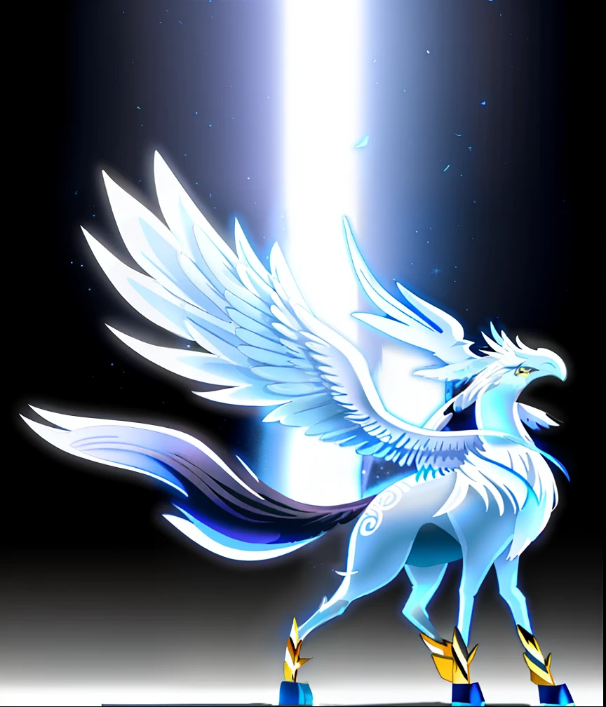 A white and blue bird，Long wings on black background, mythological creatures, wispy gigantic wings, spirit fantasy concept art, mizutsune, Beautiful young wind spirit, ethereal wings, a mythical creature, mystical anubis valkyrie, Aurelion Sol, Large white, blue and purple wings, with large wings, fantastical creature, Pegasus, Frost Dragon, winged wolves, seraphim，The overall light and dark layers are distinct，solid black background，Abyss background