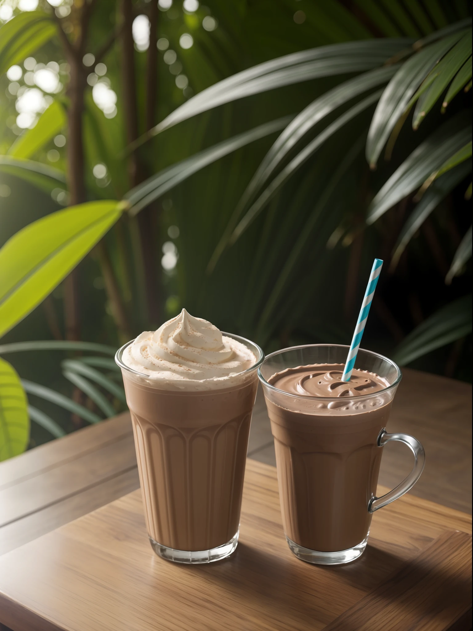 chocolate milkshake in a cardboard cafeteria cup, on top of a wooden table in the background of a cocoa plantation, with several leaves around photo taken free of charge blue sky, green and white color palette, advanced professional Photoshop work style, Octane redere, 8k, high definition image quality + winning photo + superior advertising + photo with Mark IV + professional colors + ambient light + creamy lighting + RTX --ar 32:40 --v 5.2 --s 1000
