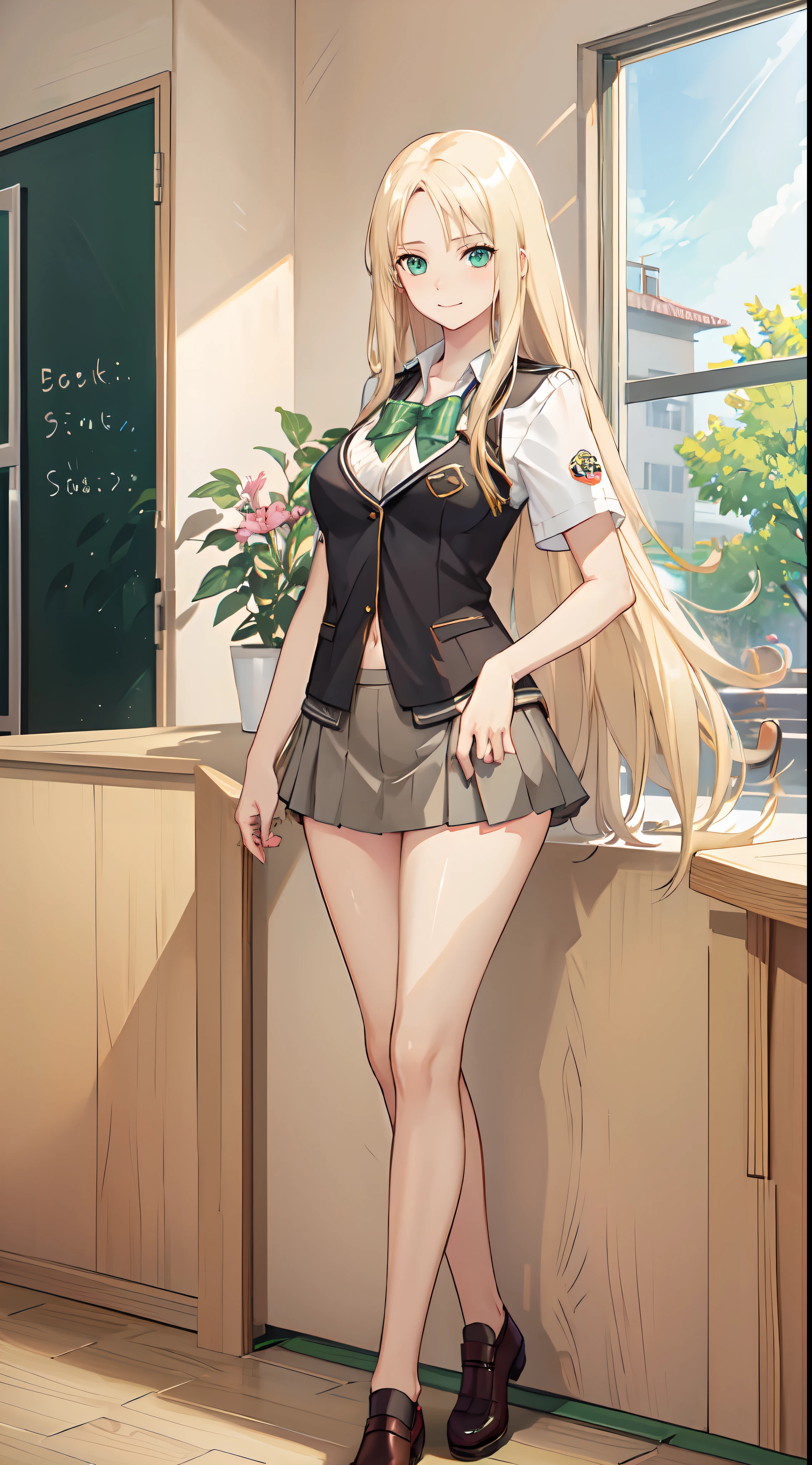 blonde hair, long hair, green eyes, happy, school uniform, short skirt, medium breast, cleavage, classroom, slim legs, navel, open clothes