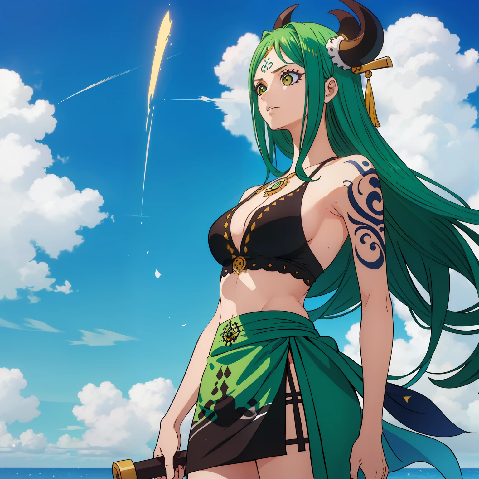(uma garota com cabelos verdes:1.3, olhos roxos:1.2, 1 chifre no lado direito da testa, roupas pretas, Upper Arm Tattoo, seios grandes, Oni race)