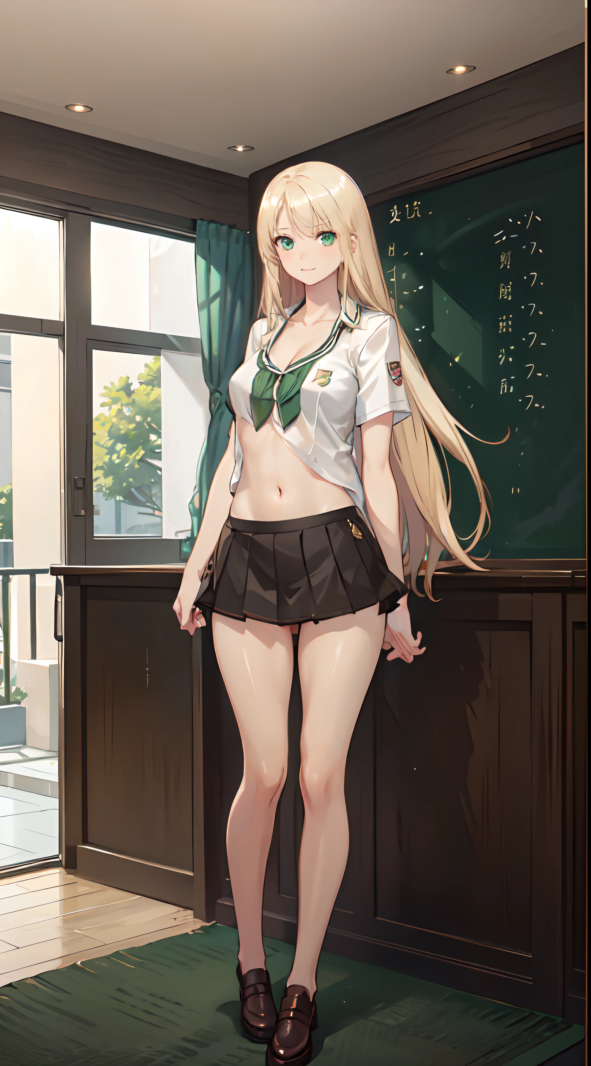 blonde hair, long hair, green eyes, happy, school uniform, short skirt, medium breast, cleavage, classroom, slim legs, navel, open clothes