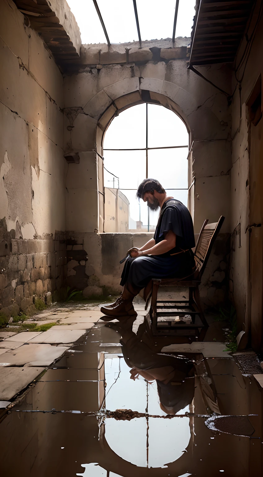 Man sitting in an ancient prison in Rome, roupas rasgadas, cabelo comprido, highes definition, puddle of water on the ground, rats walking around the prison cell, escrevendo em um pergaminho com uma caneta de pena, Barbado, castigado pela vida