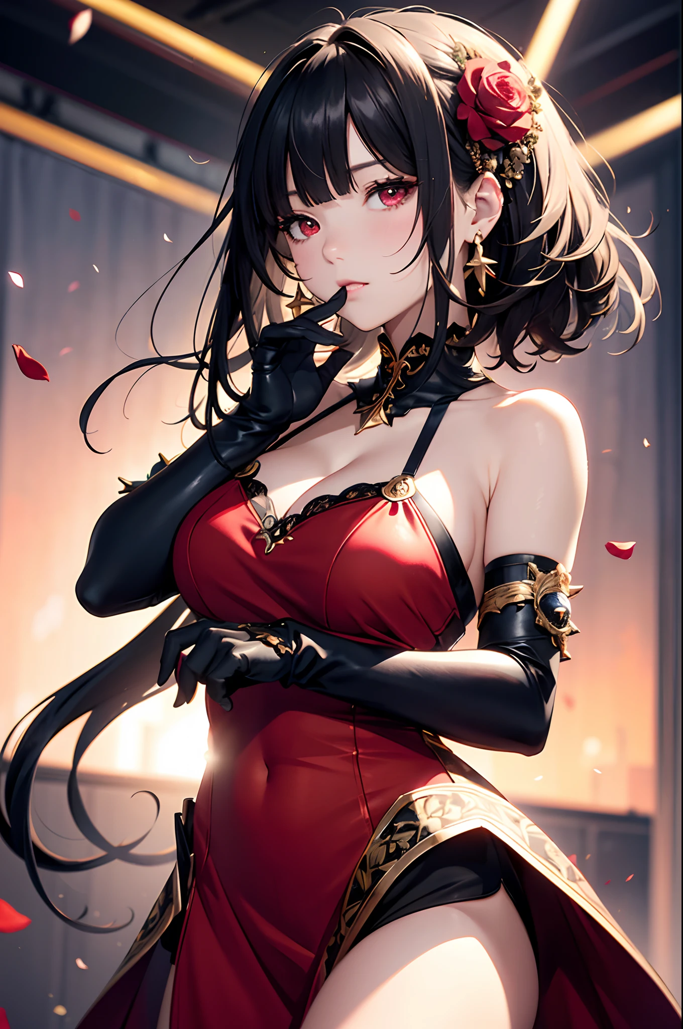 (8k、RAW Photography、High sensitivity、top-quality、masterpiece、超A high resolution、Photorealsitic:1.25)、Overflowing breasts、teats、Cityscape、profetional lighting、photon maping、Radio City、Yorbrier、1girl、back lighting、bare shoulders、Black dress、black gloves、Black long hair、large full breasts、Keep your mouth shut、cowboy shot、Leather Dresses、耳环、deadpan、Fingerless gloves、Floating hair、with floral pattern、florals、gloves、Gold earrings、Gold Hair Band、 flower in hair、hair adornments、shairband、ngel、arma、jewely、large full breasts、light particules、length hair、Look at viewers、Off shoulder dress、off shoulders、flower petals、red eyes、roses、rose petals、Rose print、short hair with long locks、side locks、独奏、spikes、thighs thighs thighs thighs、two-sided dress、two-sided fabric、arma、massive hips、