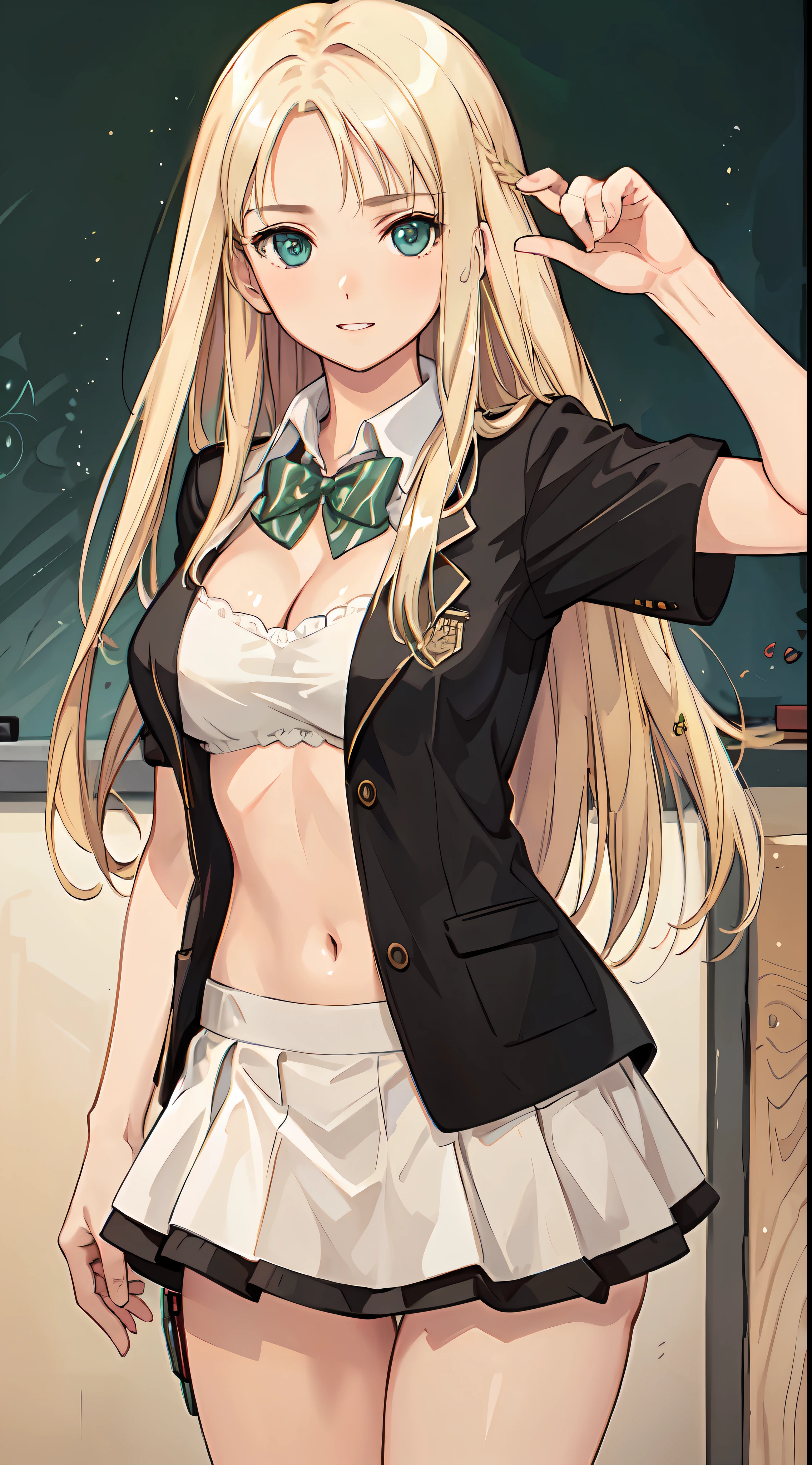 blonde hair, long hair, green eyes, happy, school uniform, short skirt, medium breast, cleavage, classroom, slim legs, navel, open clothes