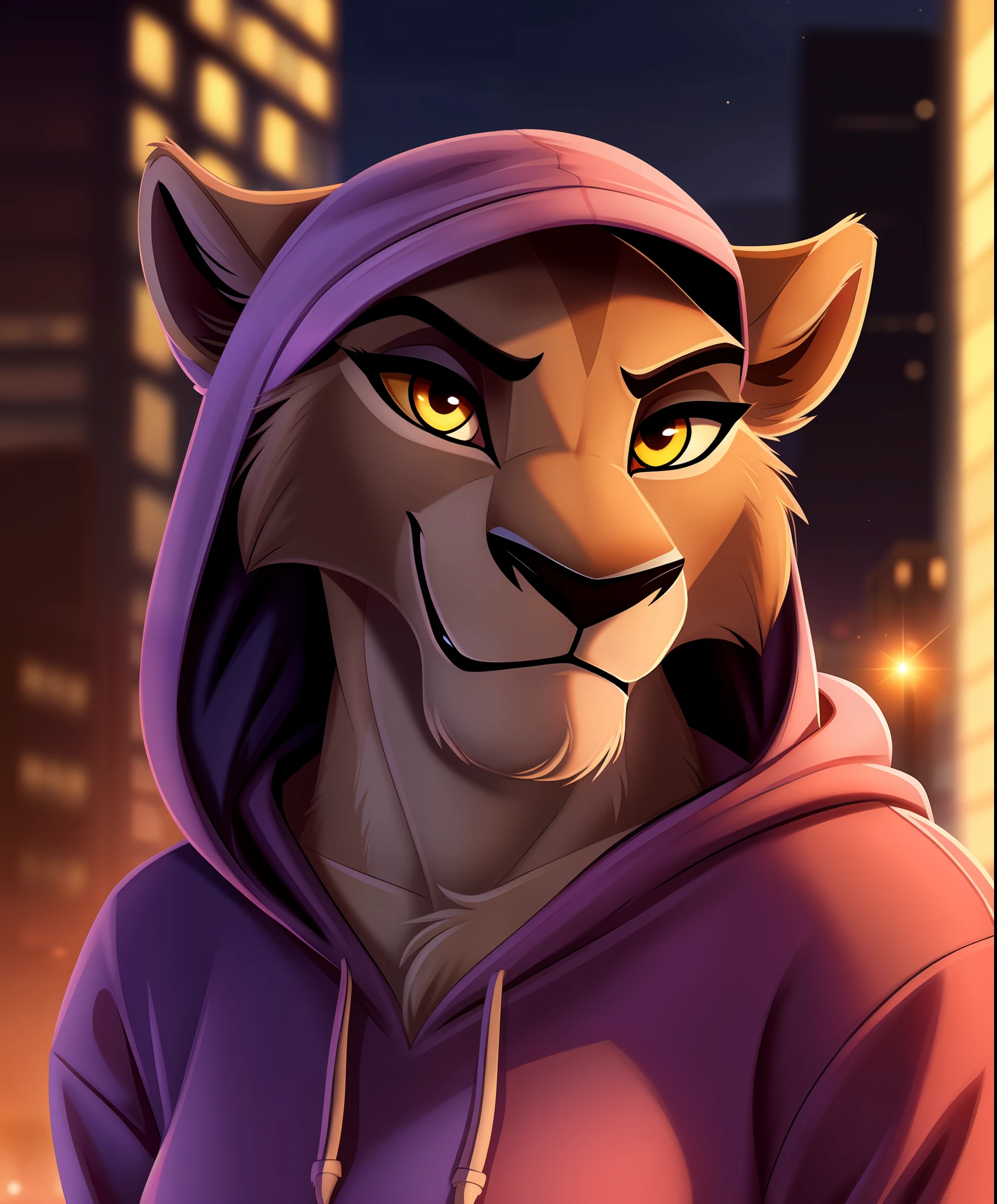 zira, furry female anthro, lion girl, portrait, close-up, (hoodie:1.2), solo, (body fur:1.2), (best quality), (detailed urban background:1.2), dramatic lighting, (detailed fluffy fur:1.1), looking at viewer,