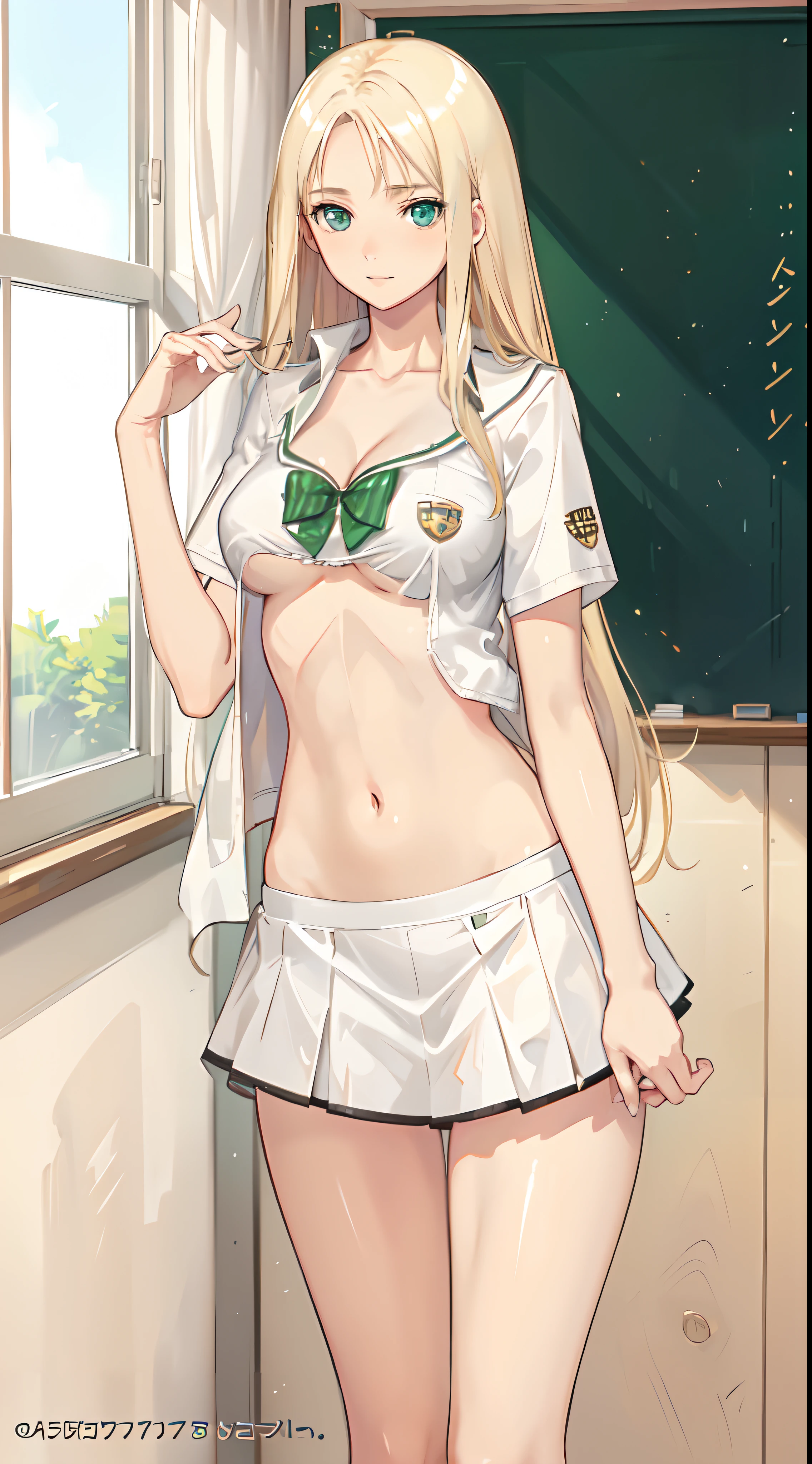 blonde hair, long hair, green eyes, happy, school uniform, short skirt, medium breast, cleavage, classroom, slim legs, navel, open clothes