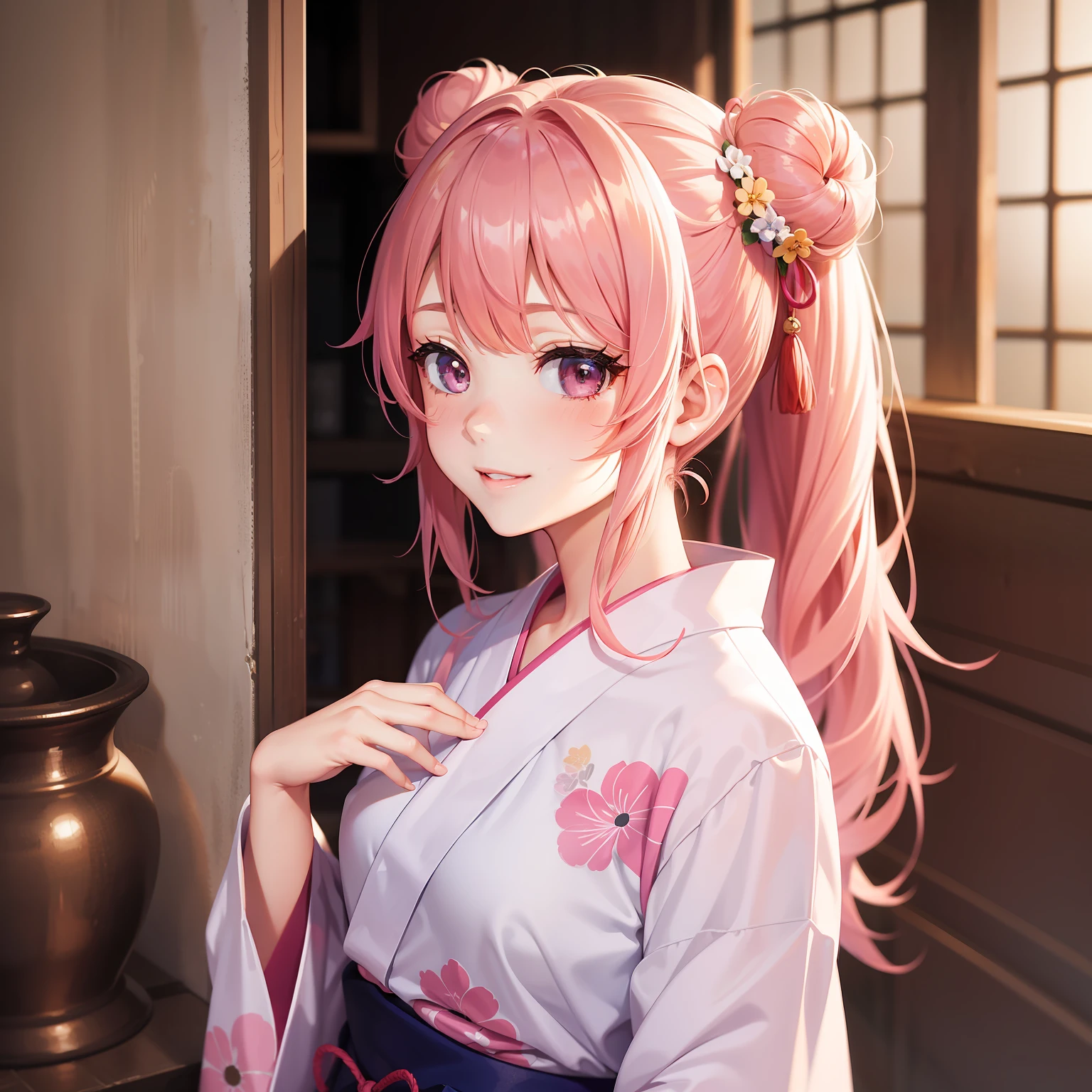 Girl in yukata　a smile　Long　Bun hair　poneyTail　top-quality　​masterpiece　超A high resolution　Pink hair　a blond　beautiful a girl　a beauty girl