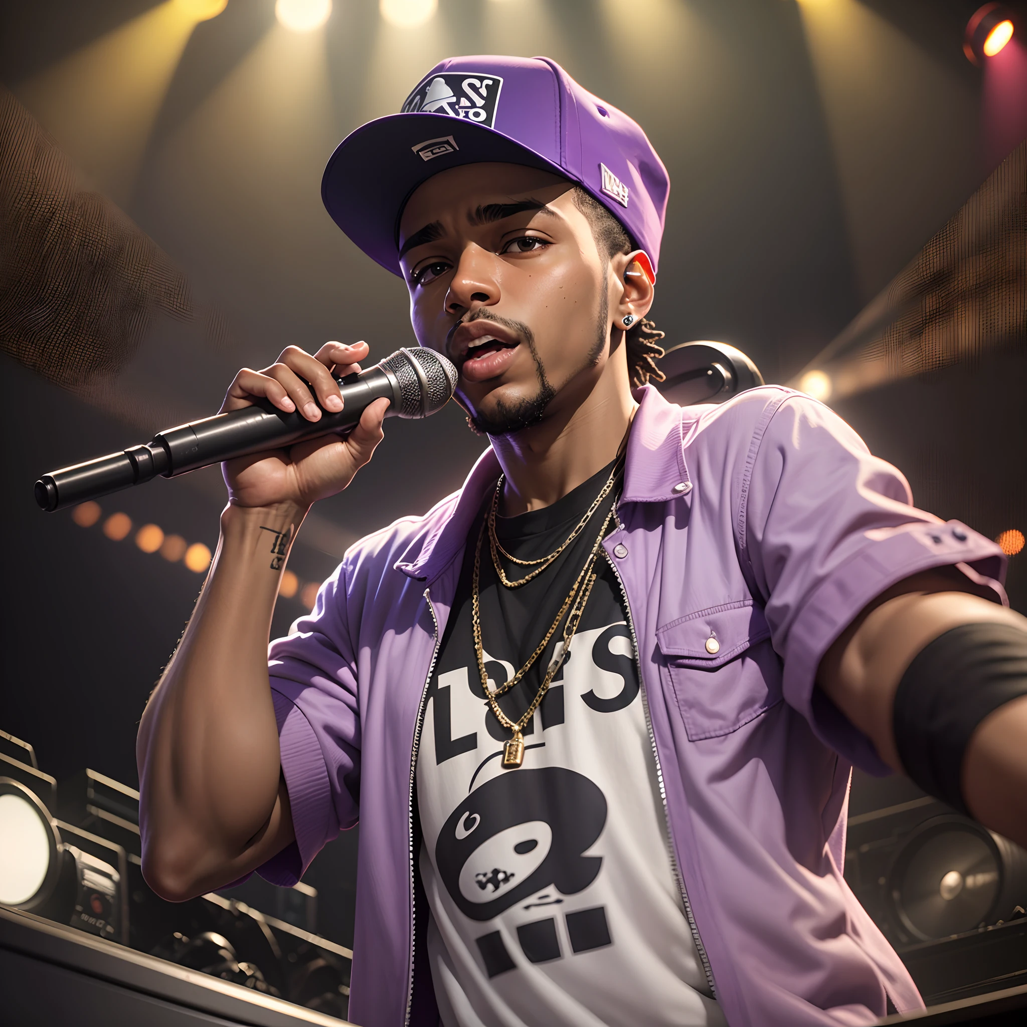 Young white man with purple blouse and black cap talking on a micro, NAS, rapper no palco do festival, rapper, ao vivo no lollapalooza, in front of a large crowd, big head on stage, teddy fresh, : Kendrick Lamar, no palco, Kendrick Lamar, rap, Chicago, Boston, Tyler, recognizable, apresentando, 2019 --auto --s2