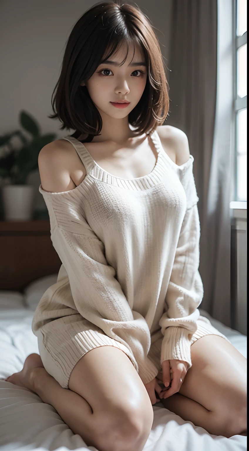 8K,top Quority,tmasterpiece,Realism,Three-dimensional feeling,adolable,physically-based renderingt,A female high school student,Chinese face,adolable,full body shot shot,Dress sweater,Slip dress,ssmile,Toothy,White skin in the red,Short black shoulder-length hair,on bedroom,kneeling on a bed。Not exposed,Medium height,with a good figure,SLR shooting,Look at the audience,Well laid out,Front Shooting