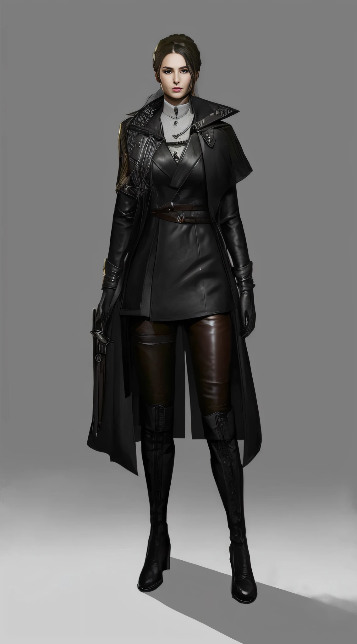 A woman in a black coat and leather pants stands, female rouge assassin, Female Assassin, heroines, Female character, yennefer of vengerberg, bloodborne concept art, Yennefer, a black dieselpunk policewoman, fashionable rpg clothing, dystopian scifi outfit, ( ( concept art of character ) ), beautiful female assassin, by Yang J