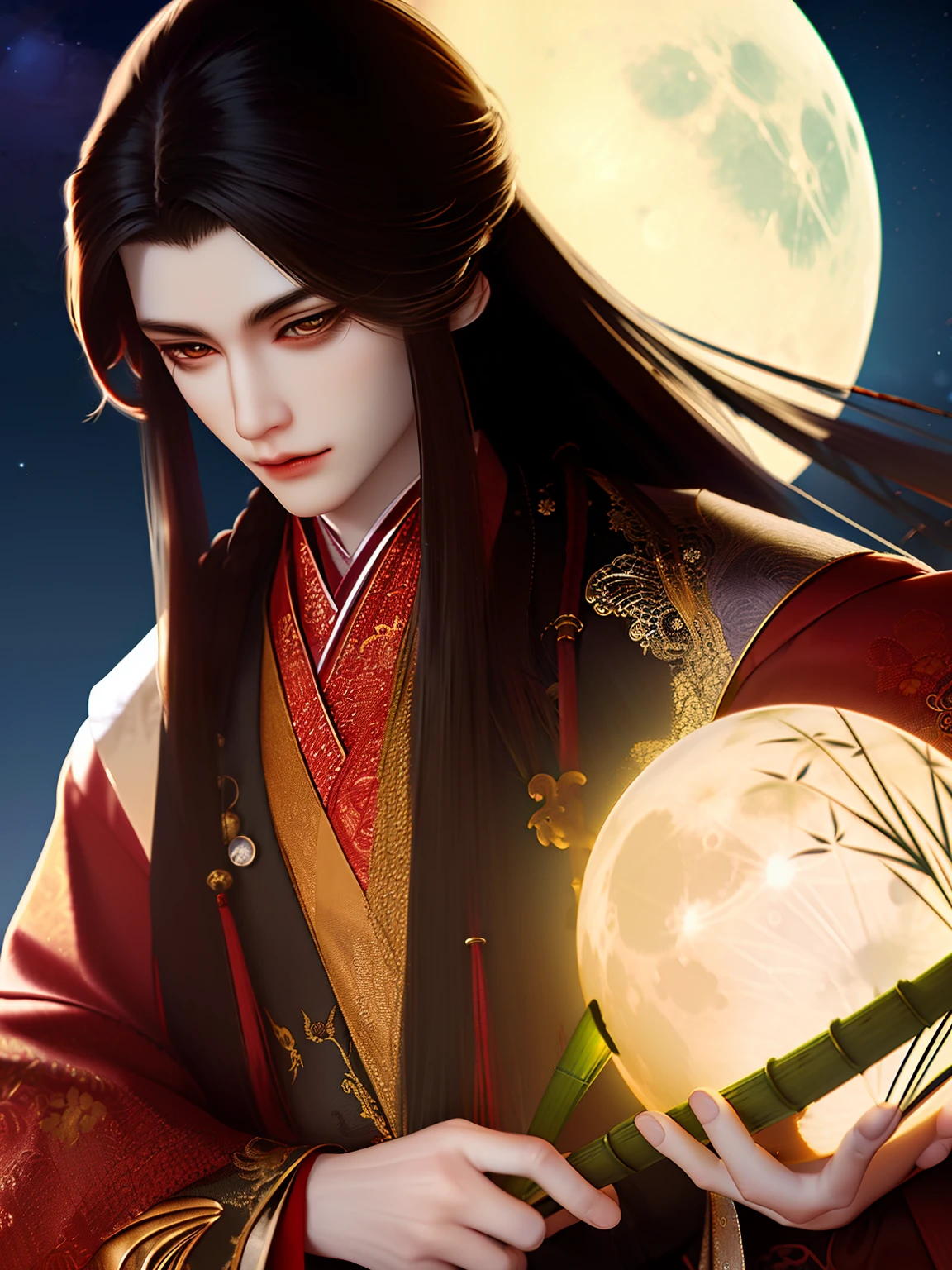 Best Quality, masutepiece, highly detailed wallpaper, Moon, Long hair, 1boy, Male Focus, Night, holding animal, skyporn, Upper body, fullmoon, nigh sky, Brown eyes, Hair Ornament, animal, Holding, Black hair, Outdoors, Solo, chinese clothes, Bamboo, Wide sleeves, Brown hair, Long sleeves, watermarked