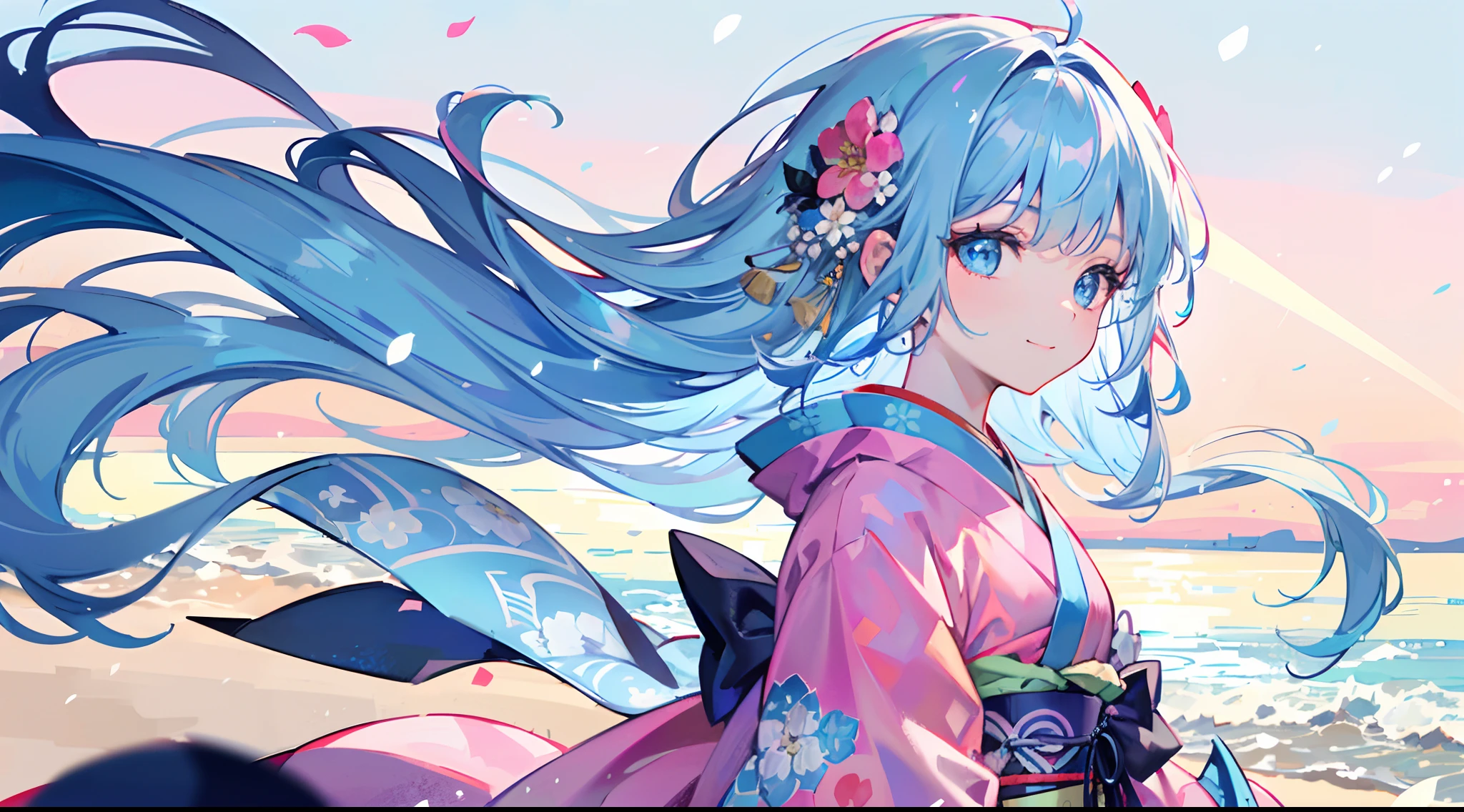 artistic photograph, Real light and shadow on asnowy day,Distant European style architecture,On the sea beach,((kimono with a pink background and colorful floral patterns)),1 beautiful gir,shy smile,The upper part of the body,Lateral face,light blue hair,(((Long light blue hair))),(((light blue eyes))),(long hair),(snowy),windy,snowing heavily,