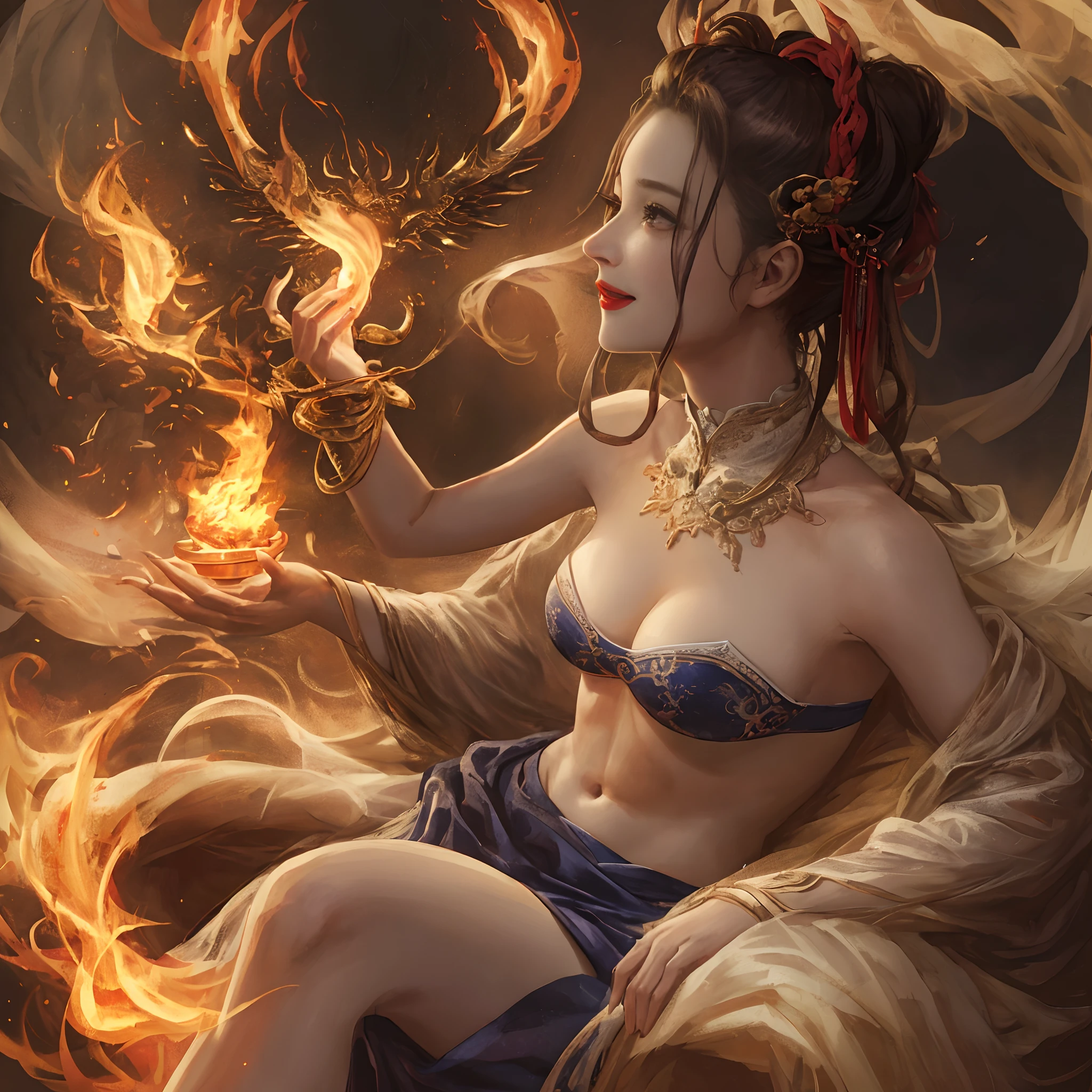 Smile temptation，Bigchest，Hanfu，Flame it up，Apply lipstick，adolable，Raised sexy，Beautuful Women，Bandeau，The kinky is exposed，Chest，Milky skin，Photorealsitic，Shadows are lit，Realiy，4K Ultra Clear，Beautiful and moving，seductiv，Lewdness