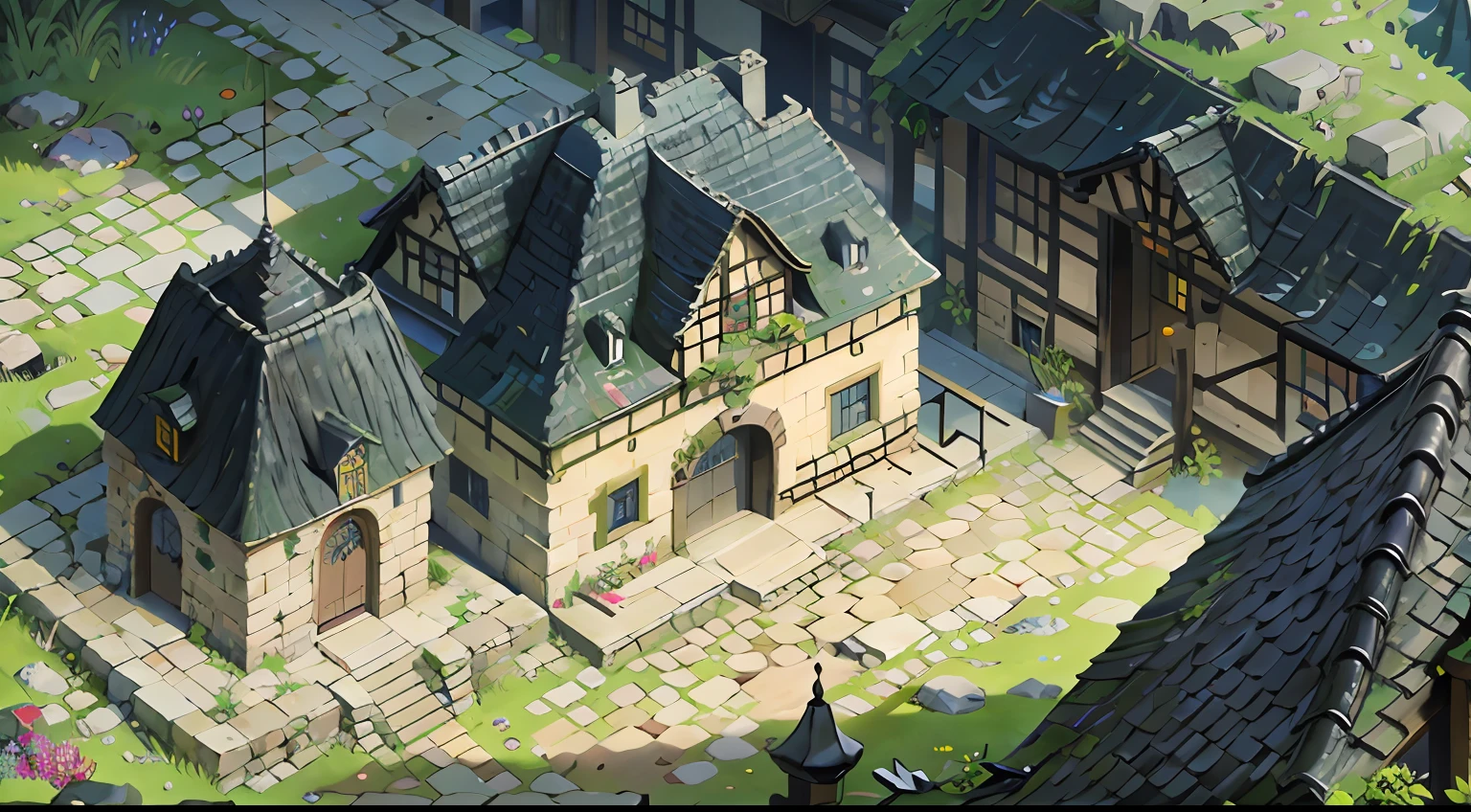 Overlooking a 45° angle，Isometric viewing angle，European-style castle，Weapons shop，超高分辨率，Double storey building，Gray tiles，White walls，Wooden windows，Weapons are displayed at the door，The facades have vegetation，decrepit