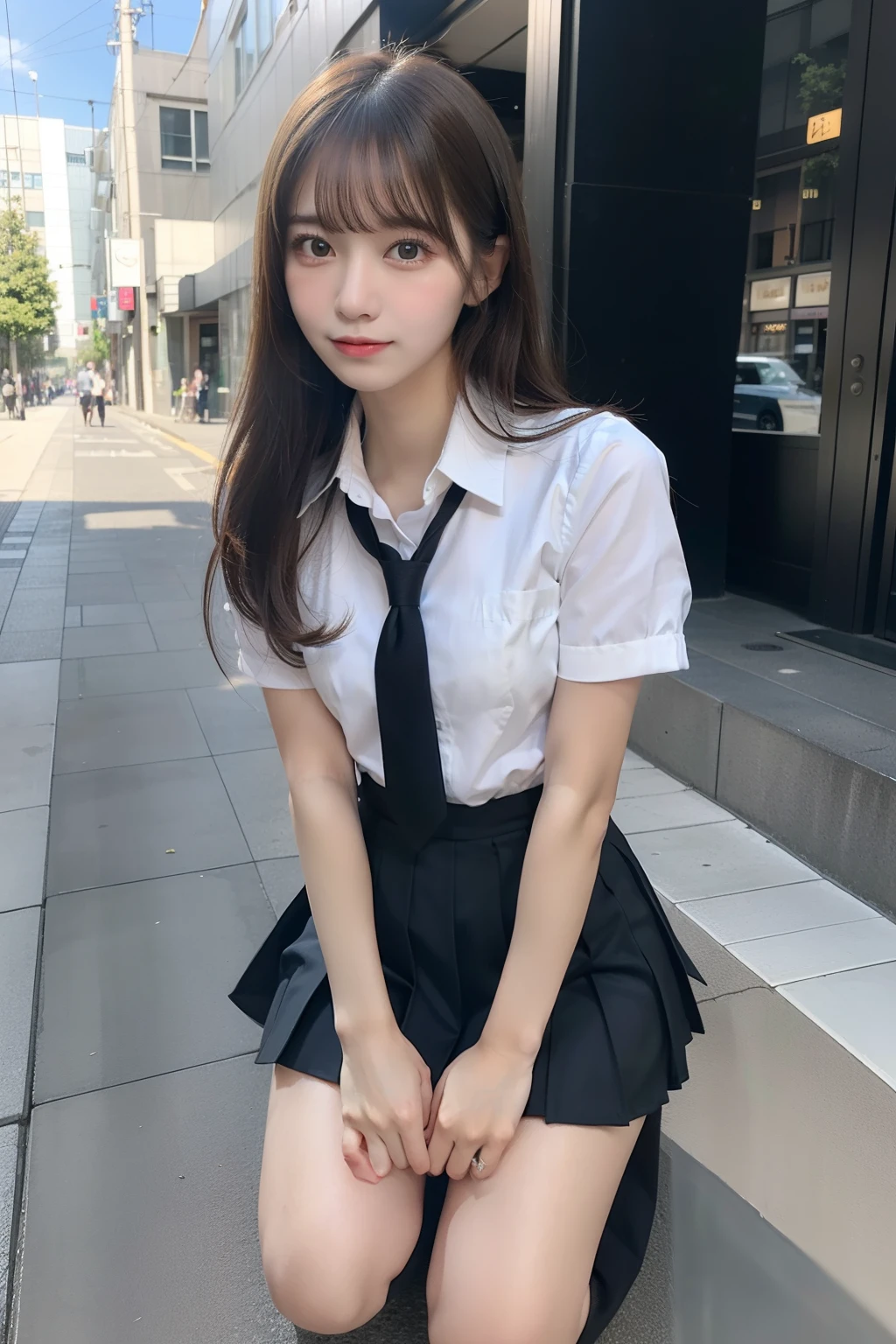 raw photograph,best quality,Move the center of gravity back, put your hands forward from both feet, put both feet in the hand circle, quite embarrassing, panties, thin legs, tight skirt, 90 degree knees, heels on the ground, hands in front of feet, hug feet, kneeling, sidewalk, RAW photos, 8K, highest quality, Ultra high resolution, beautiful face to detail, realistic human skin, gentle expression, front view, angle from below, long hair, realistic, photorealistic, cute, short skirt, squatting deep in the city, cute schoolgirl, surreal schoolgirl wearing Japan schoolgirl uniform, full body,