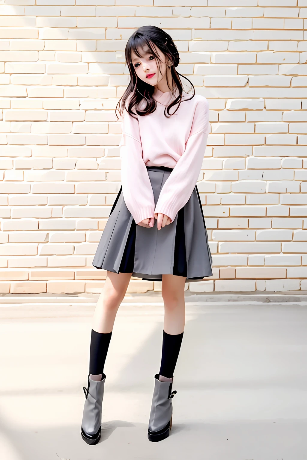 Alahed woman in black skirt and pale pink sweater and black boots, transparent gray skirts, Full body!!, Full body! Pretty Face, Kawaii Style, dreamy style, Casual pose, simple style, cute-style, full_Body!!, Styling, wearing skirt and high socks, rena nounen style 3/4, Cute elegant pose, Black and gray