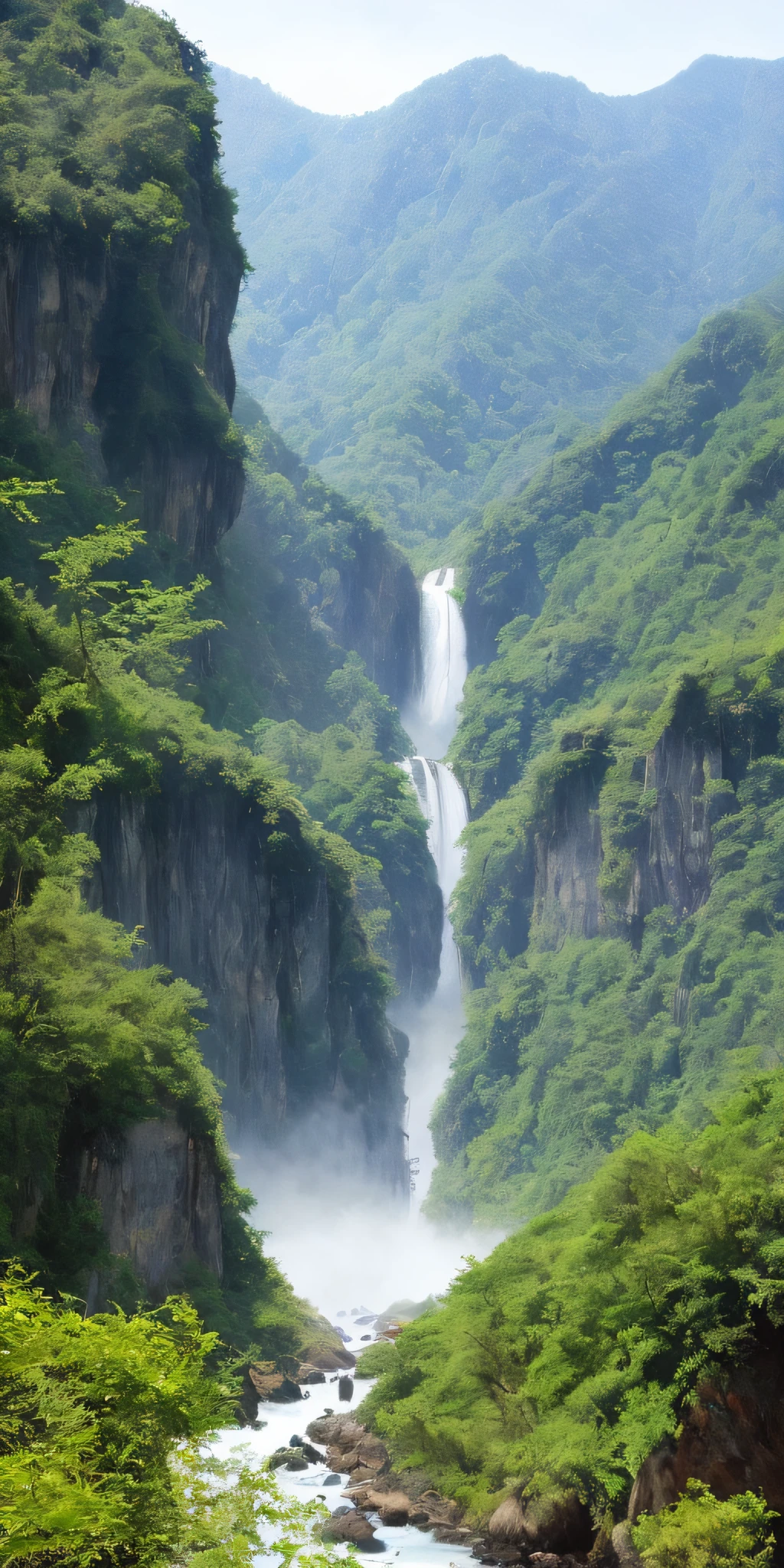 Best quality, masterpiece, ink, ink bissim, Wu Changshuo, Ren Bonian, Zheng Banqiao, Ba Da Shanren, mountain, waterfall, forest, village, sunset, picture frame