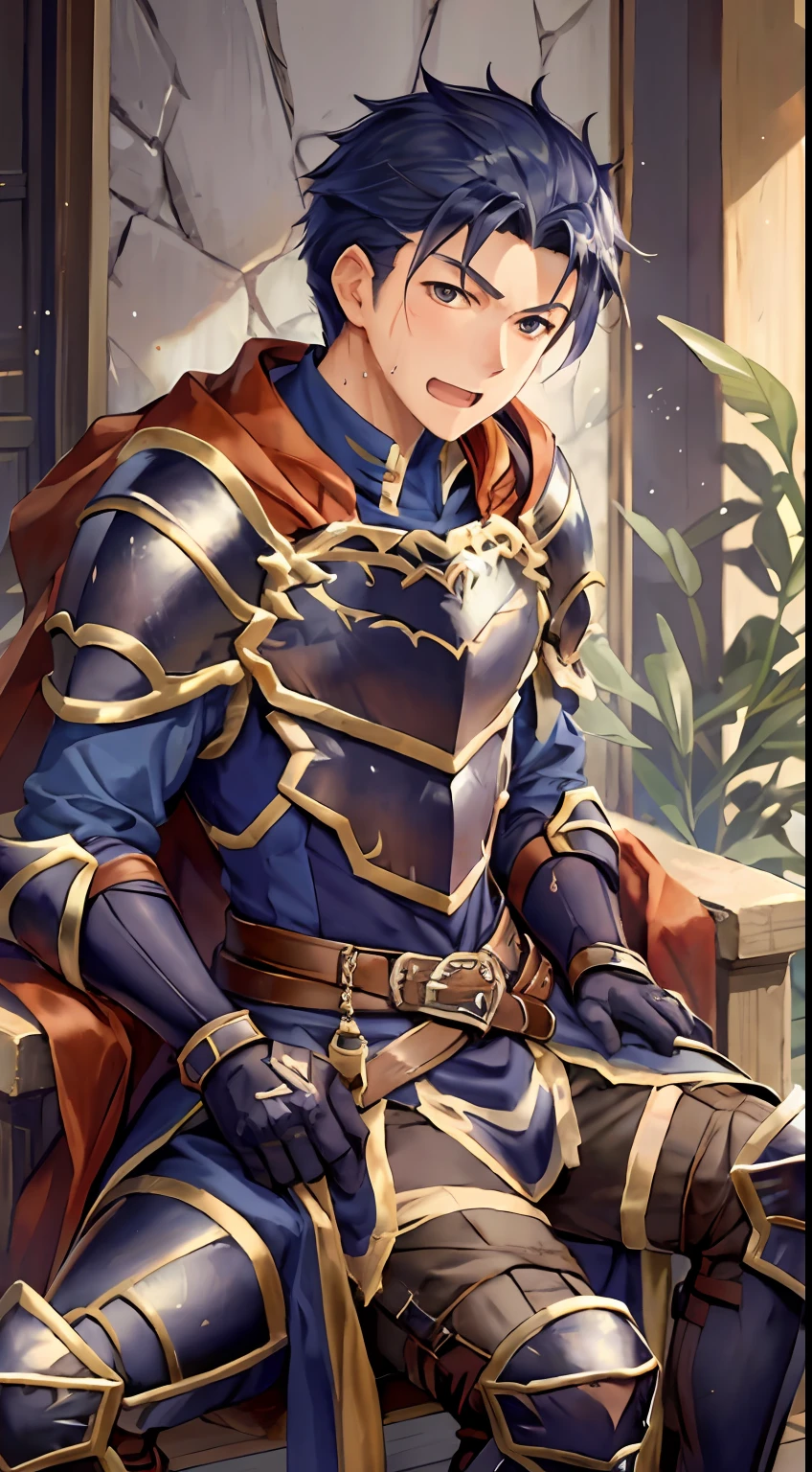 Hector Fey， 独奏， looking at viewert， Teasing laughter， Open your mouth，drools，perspire，Drenched，Get wet，mitts， 1 man， Male focus， sit astride（sit on chair），Cloak， Armour， Shoulder armor， look from down