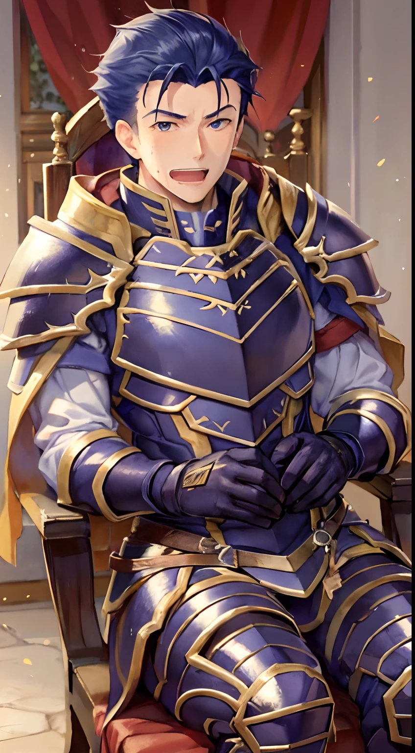 Hector Fey, 独奏, looking at viewert, Teasing laughter, Open your mouth,drools,perspire,Drenched,Get wet,mitts, 1 man, Male focus, sit astride(sit on chair),Cloak, Armour, Shoulder armor, look from down