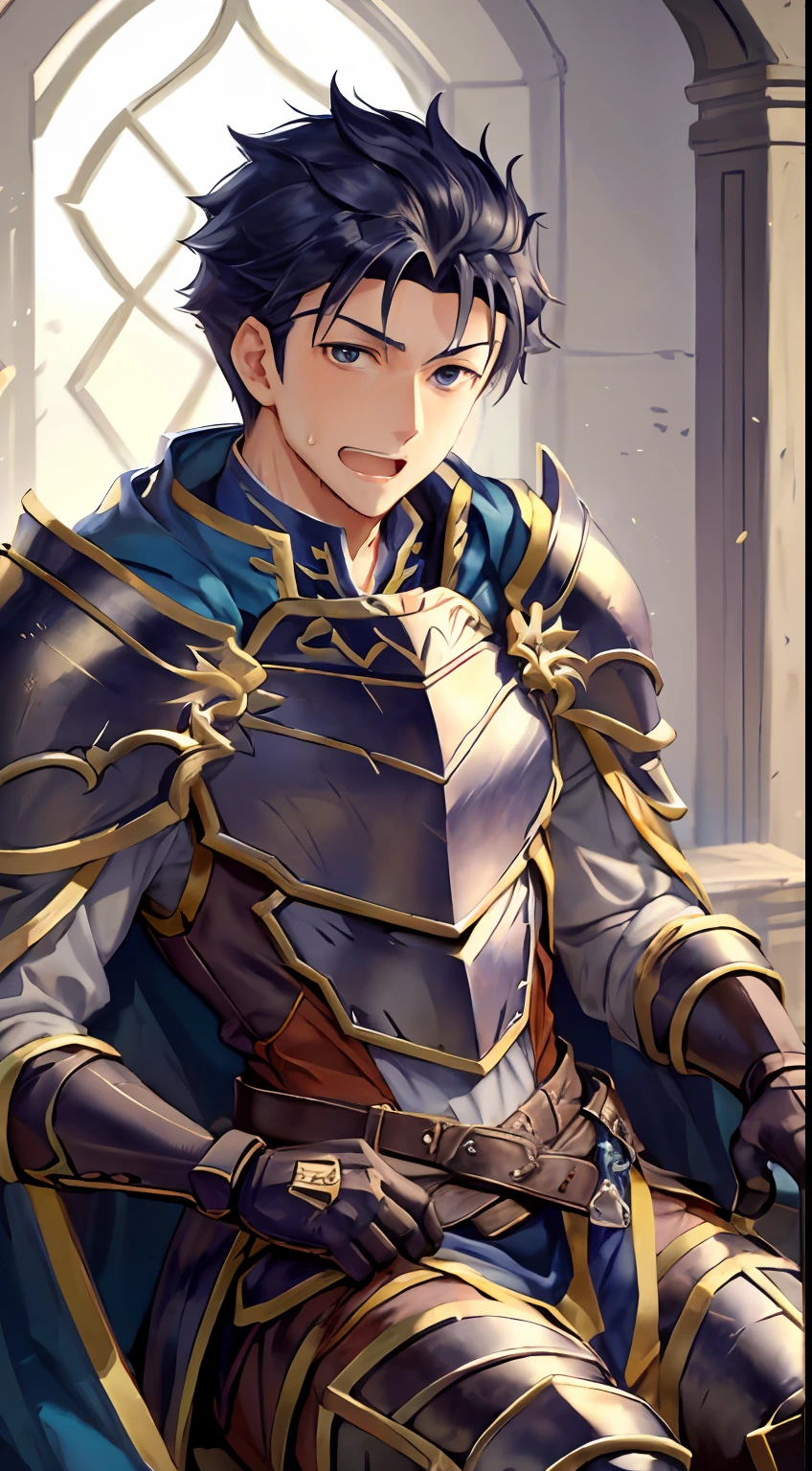 Hector Fey， 独奏， looking at viewert， Teasing laughter， Open your mouth，drools，perspire，Drenched，Get wet，mitts， 1 man， Male focus， sit astride（sit on chair），Cloak， Armour， Shoulder armor， look from down