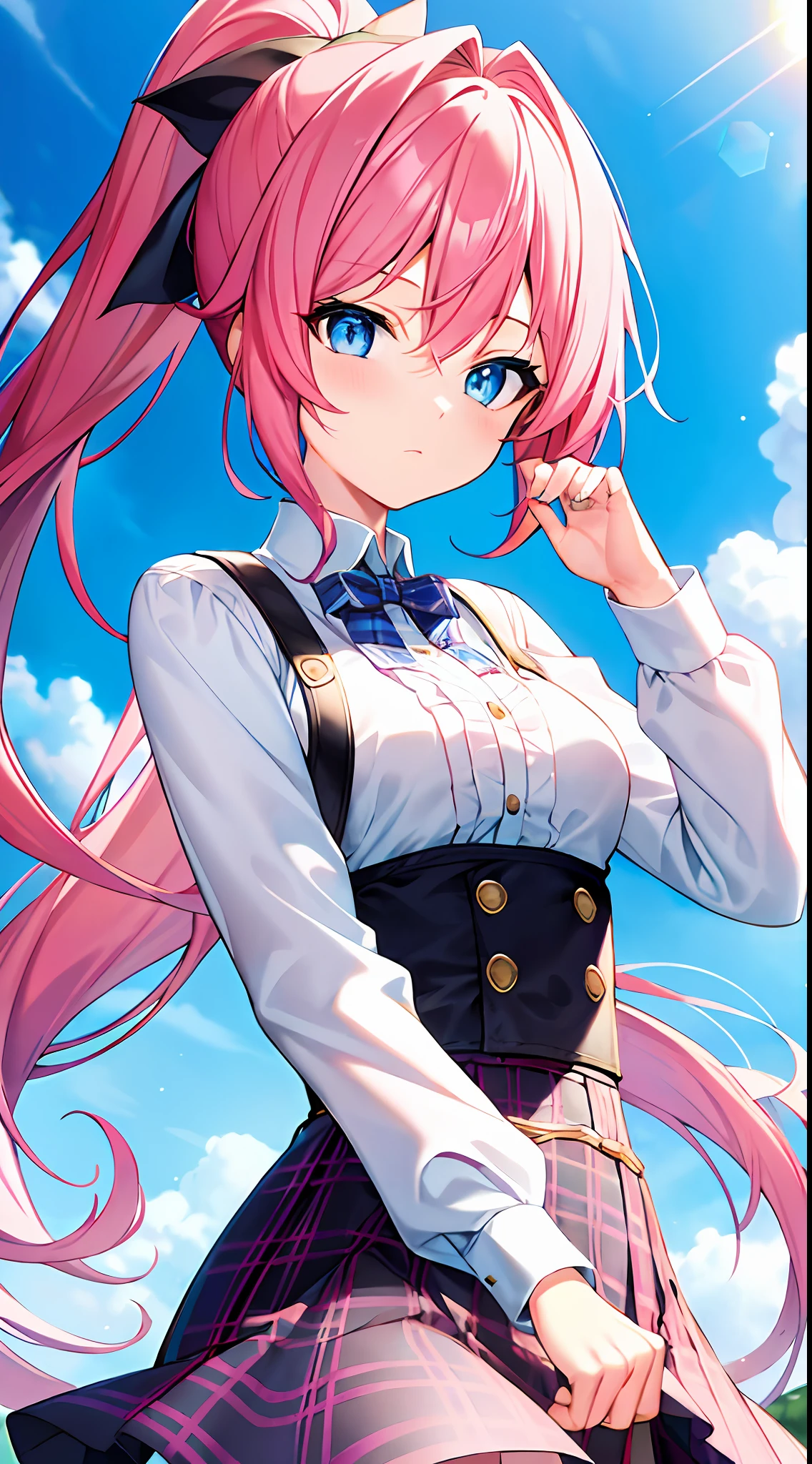 high detal、A high resolution、tmasterpiece、perfect pubic、best qualtiy,A pink-haired,blue color eyes,face expressionless,Plaid skirts,Exquisite facial features,8k wallpaper,Blue and black color scheme,Ponytail hairstyle,half-body portrait,chiquita