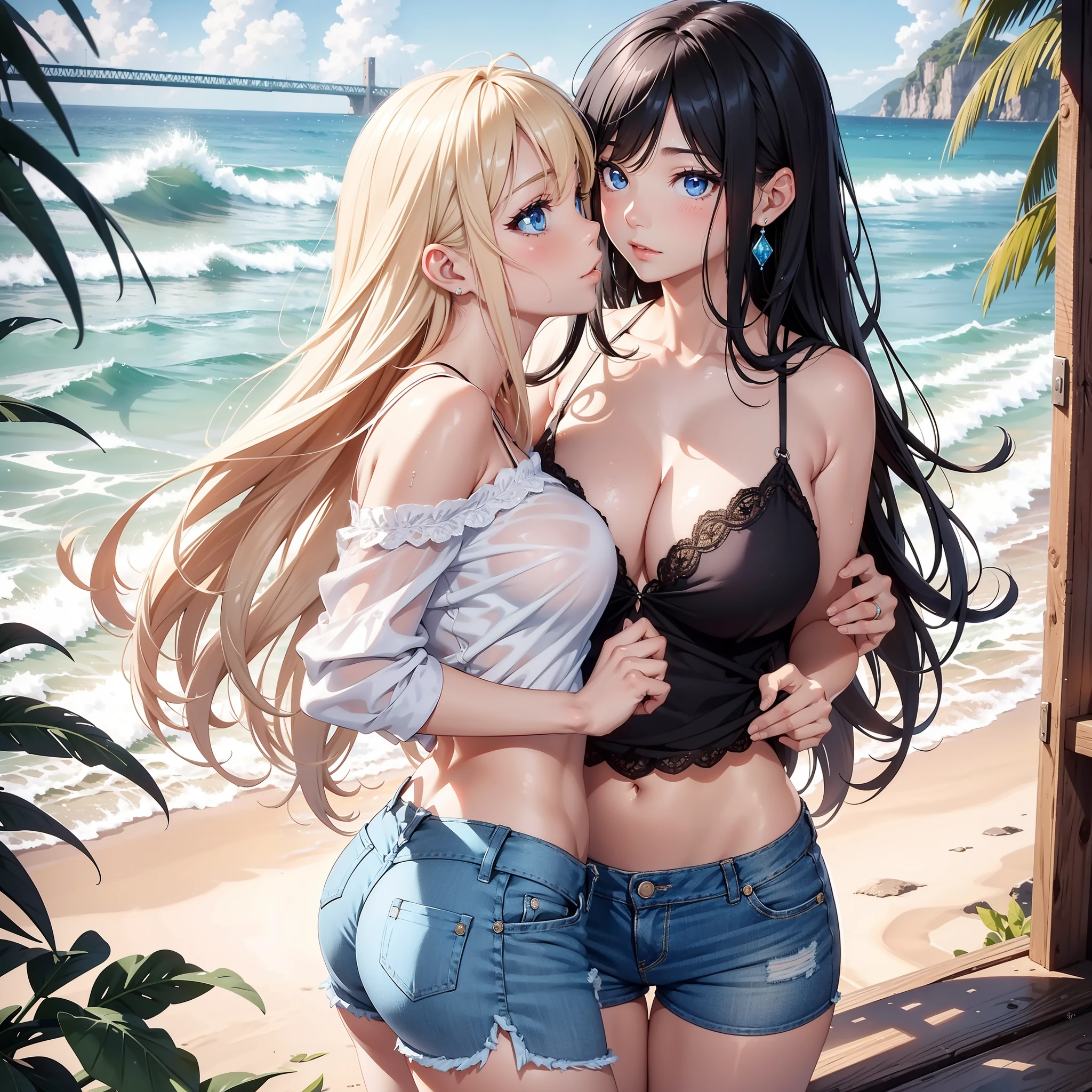 2 girls in, the kiss, secret, beautiful ocean, splash water, Eyes Like Gems,a baby face, huge filesize, ultra-detailliert, hight resolution, ighly detailed, top-quality, masterpiece, Hi-Res, high-level image quality, hiquality, extra detailed face, extremely detailed eye, long eyeslashes, 8k wallpaper, magnifica, finely detail, 电影灯光, Young Face, large full breasts, kirakira, Light in the eyes, Camisole and denim shorts, Shyness, Dye your cheeks,
