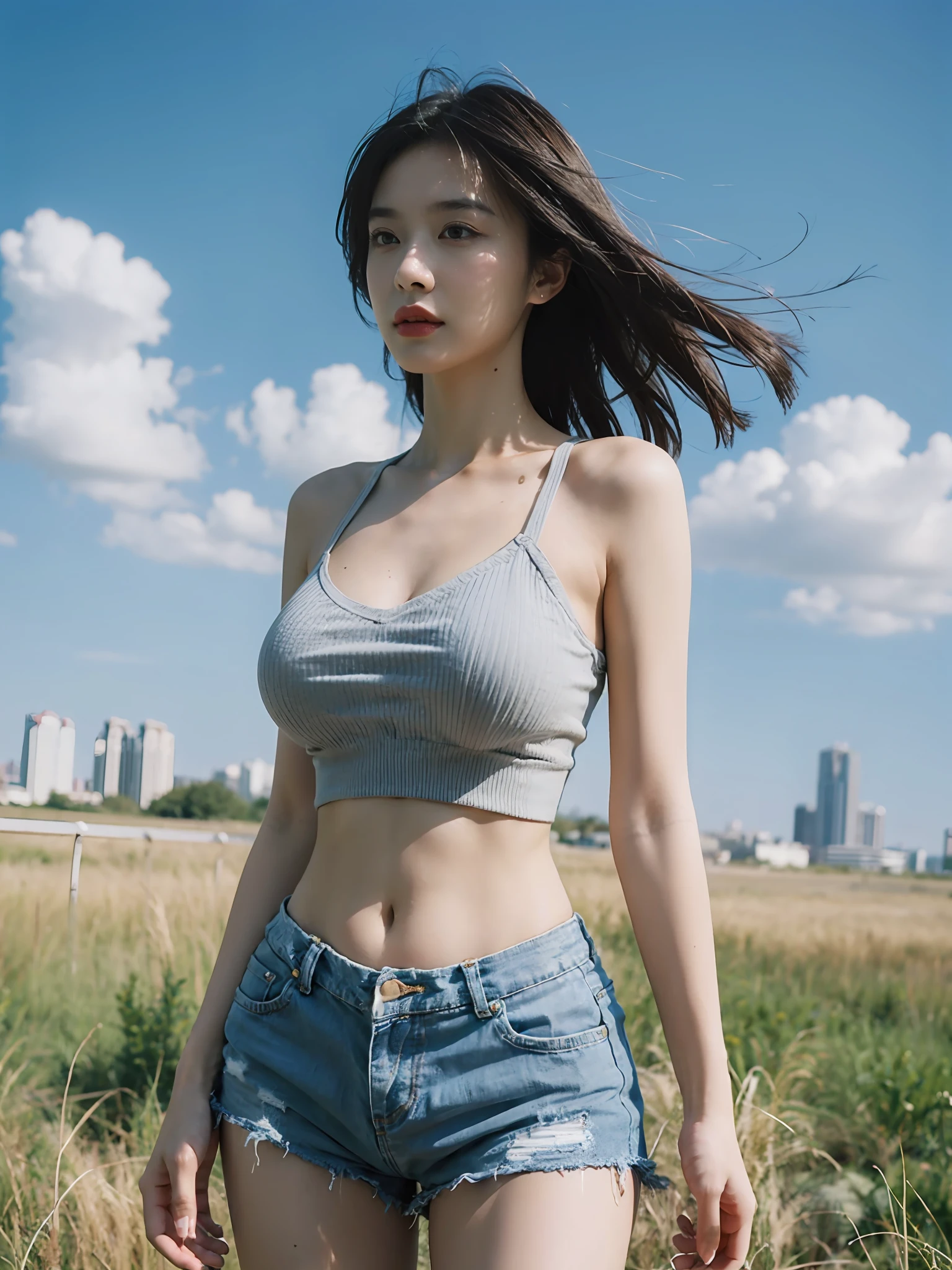Masterpiece, Best quality, A high resolution, Best quality at best，Ultra-high pixel，16k，Beautiful skyline：1.5, Large grasslands：1.5, A girl in torn crop top and distressed blue denim short shorts, Perfect body: 1.4, Slim abdomen: 1.2, gigantic cleavage breasts,