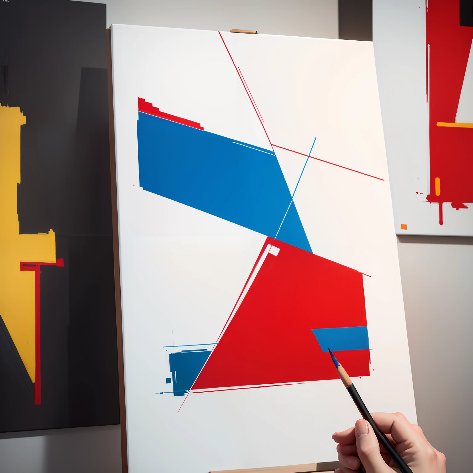 Draw a modern painting，Just draw a triangle and place it in the middle of the picture，Abstract style，Mondrian style，Use only lines，There are only four colors of red, Green, Blue and white，The proportions of the various colors are coordinated。OilPaintStyle。