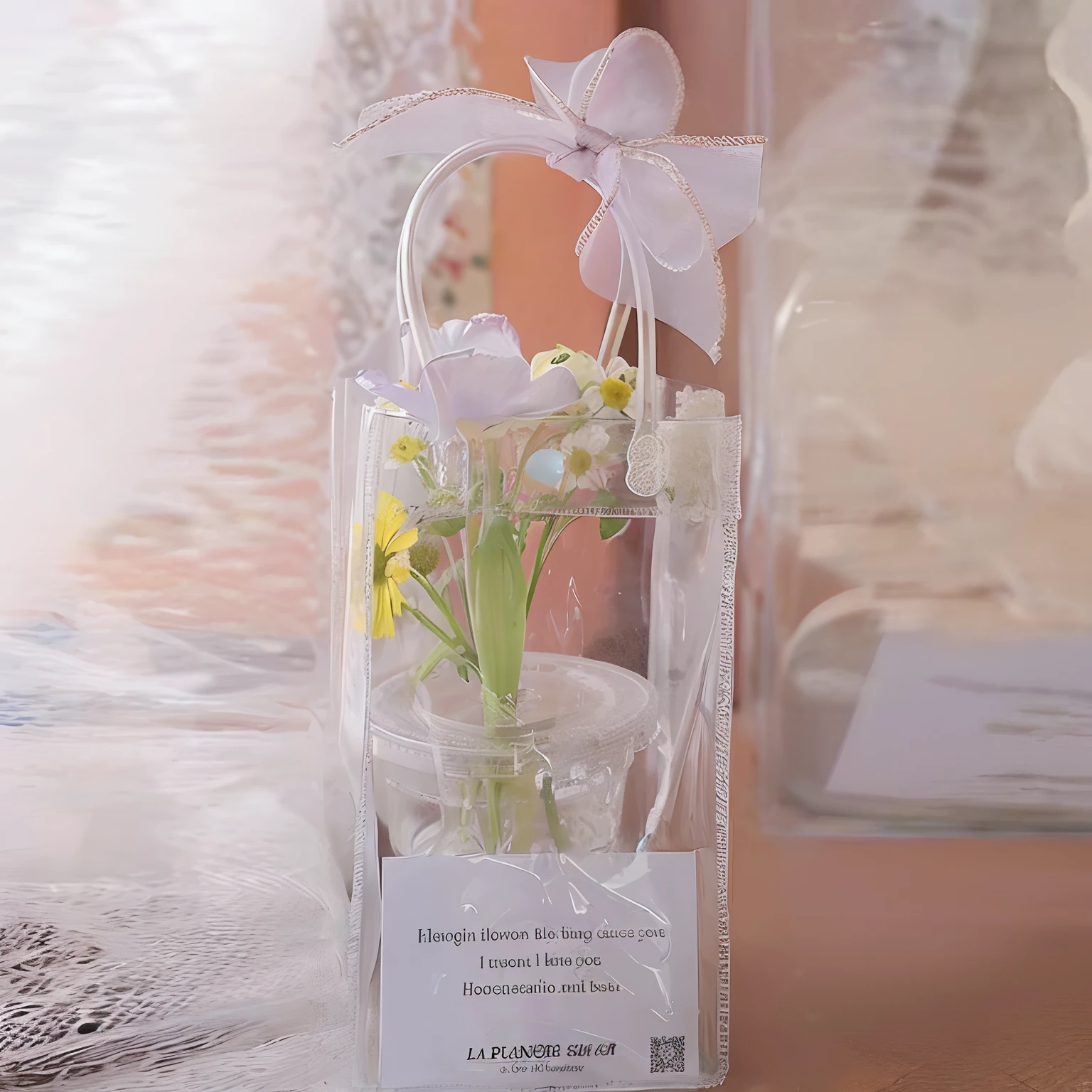 There is a small vase on the table,There are flowers inside, cleanness, florals, florals, Ribbons and flowers, , Bouquet, floral decorations, with flowers and plants, Gypsophila, floating bouquets, elegant flowers, vase with flowers, Lavender and yellow color scheme, Plants in a glass vase