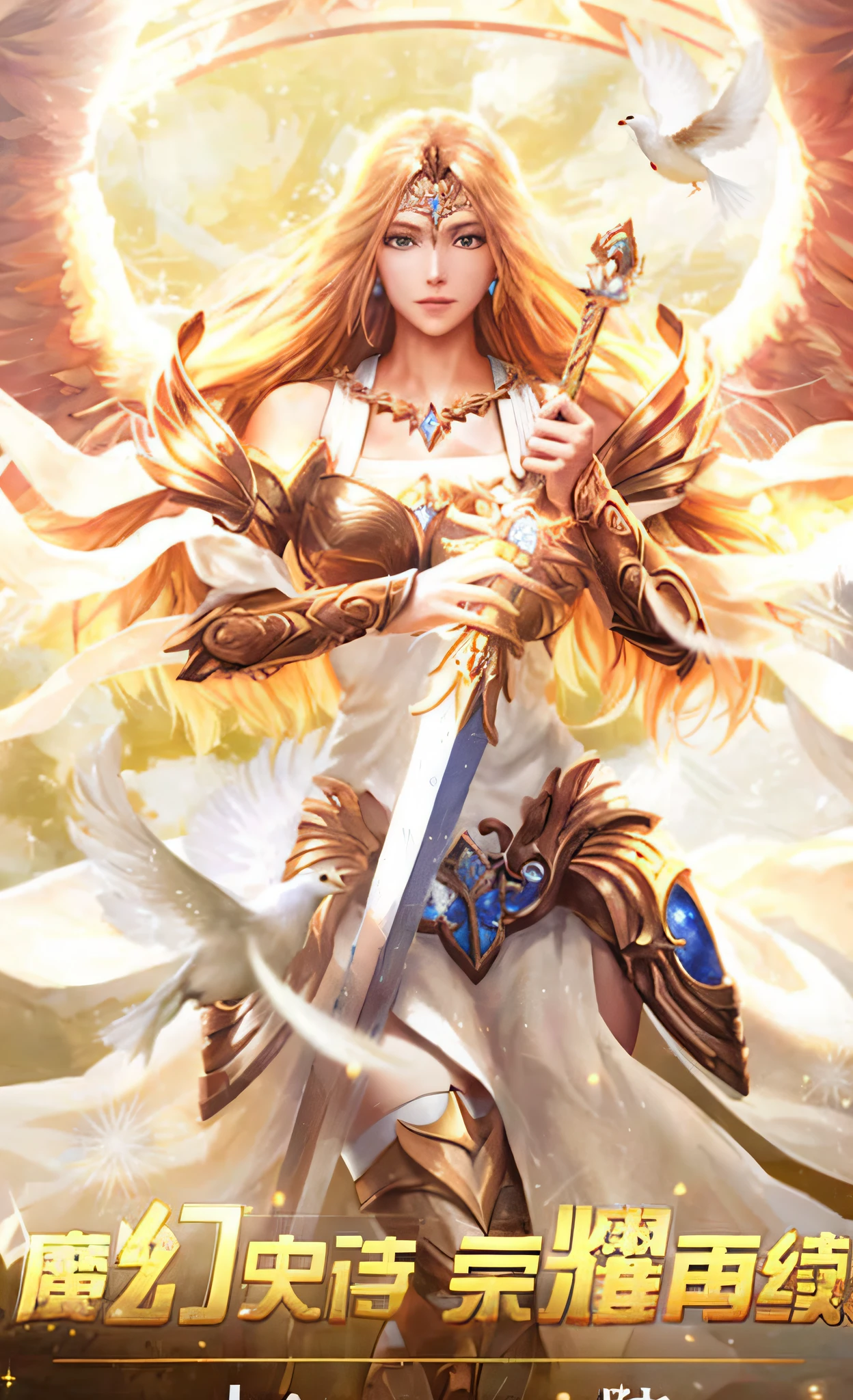 a close up of a woman with a sword and a bird, angel knight girl, angelic golden armor, Goddess of Light, by Yang J, full - body majestic angel, as a mystical valkyrie, Anime goddess, tall female angel, female lord of change, an angel of the dawn light, angel in plastic armor, mystical atlantean valkyrie