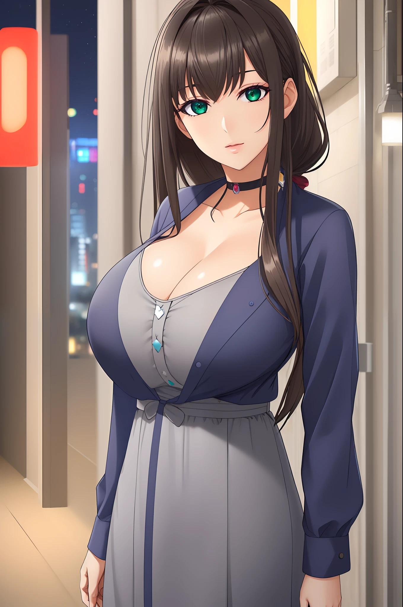 (Night:1.7), Japan, cyberpunk, CityView, Before Window,wooden floor,
Standing at attention,
Blue Jacket, Grey Shirt, collarbone, deep cleavage, Black choker,
jewelry,gem,bangs, Brown Hair, Green Eyes, Braid,long hair, low ponytail, a bow tie,hair ornament, hairclip,
1 girl, 20yo,Young female,Beautiful Finger,Beautiful long legs,Beautiful body,Beautiful Nose,Beautiful character design, perfect eyes, perfect face,expressive eyes,
looking at viewer, in the center of the image,(Upper_body),(Focus on her face),
official art,extremely detailed CG unity 8k wallpaper, perfect lighting,Colorful, Bright_Front_face_Lighting,shiny skin,
(masterpiece:1.0),(best_quality:1.0), ultra high res,4K,ultra-detailed,
photography, 8K, HDR, highres, absurdres:1.2, Kodak portra 400, film grain, blurry background, bokeh:1.2, lens flare, (vibrant_color:1.2)
(Beautiful,Breasts), (beautiful_face:1.5),(narrow_waist),