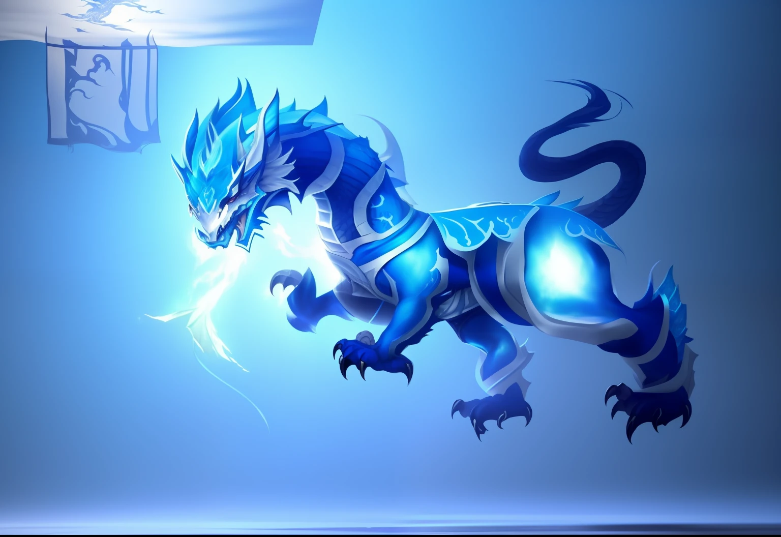 There are blue and white dragon paintings on the white walls., chinese dragon concept art, dragon inspired blue armor, airbrush concept art, Full Dragon Concept, Draw as concept art of the game., Airbrush Display, stylized as a 3d render, anthro dragon art, Fantasy Creatures Concept Art, Stylish concept art