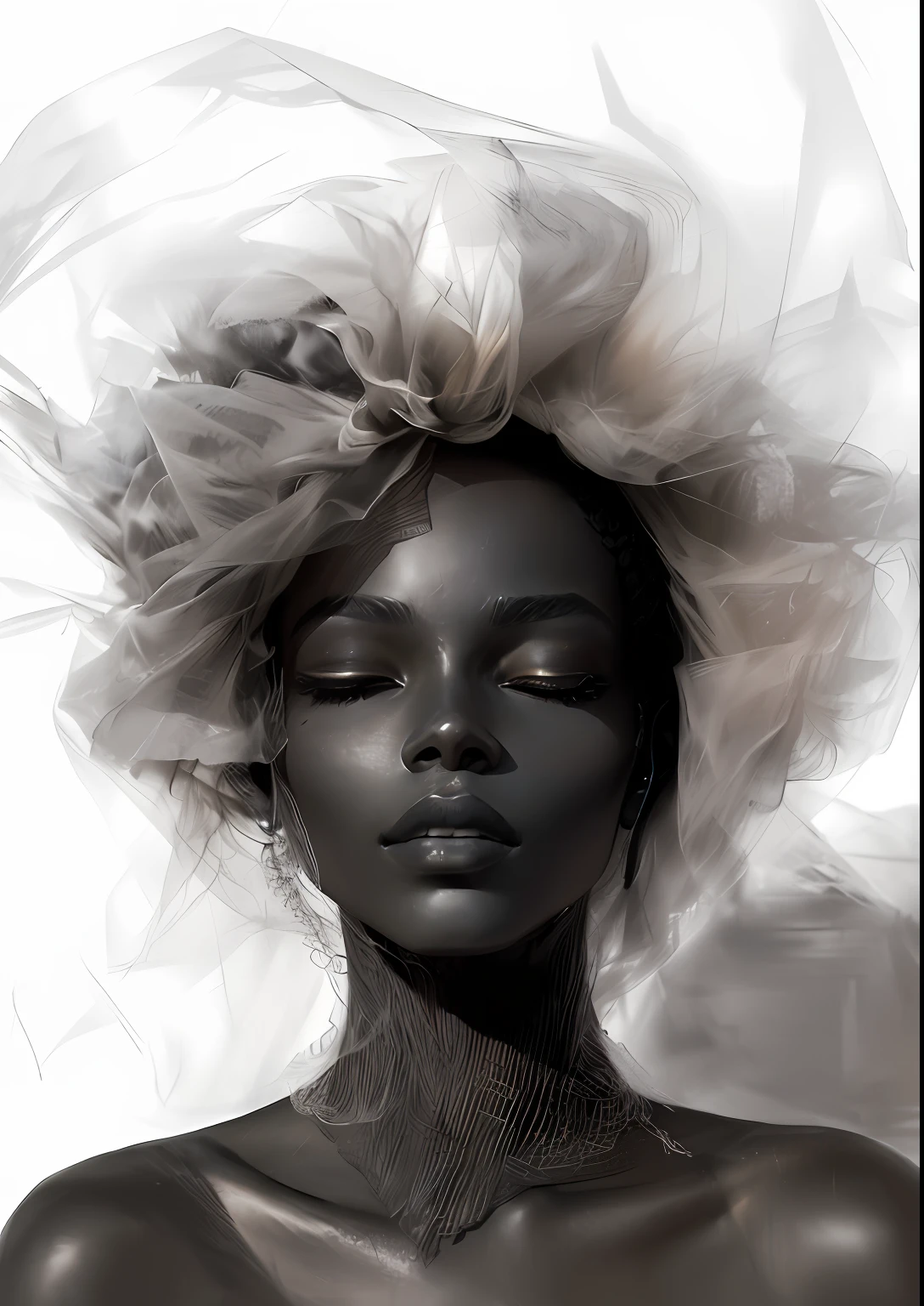 Longing woman with veil and eyes on her head, Charcoal skin, dark-skin, Maria Borges, by Irakli Nadar, Inspired by Herb Ritz, tanned beauty portrait, fashion model face closed eyes,  Faraway view，Add color，Klein Blue and Hermes Orange