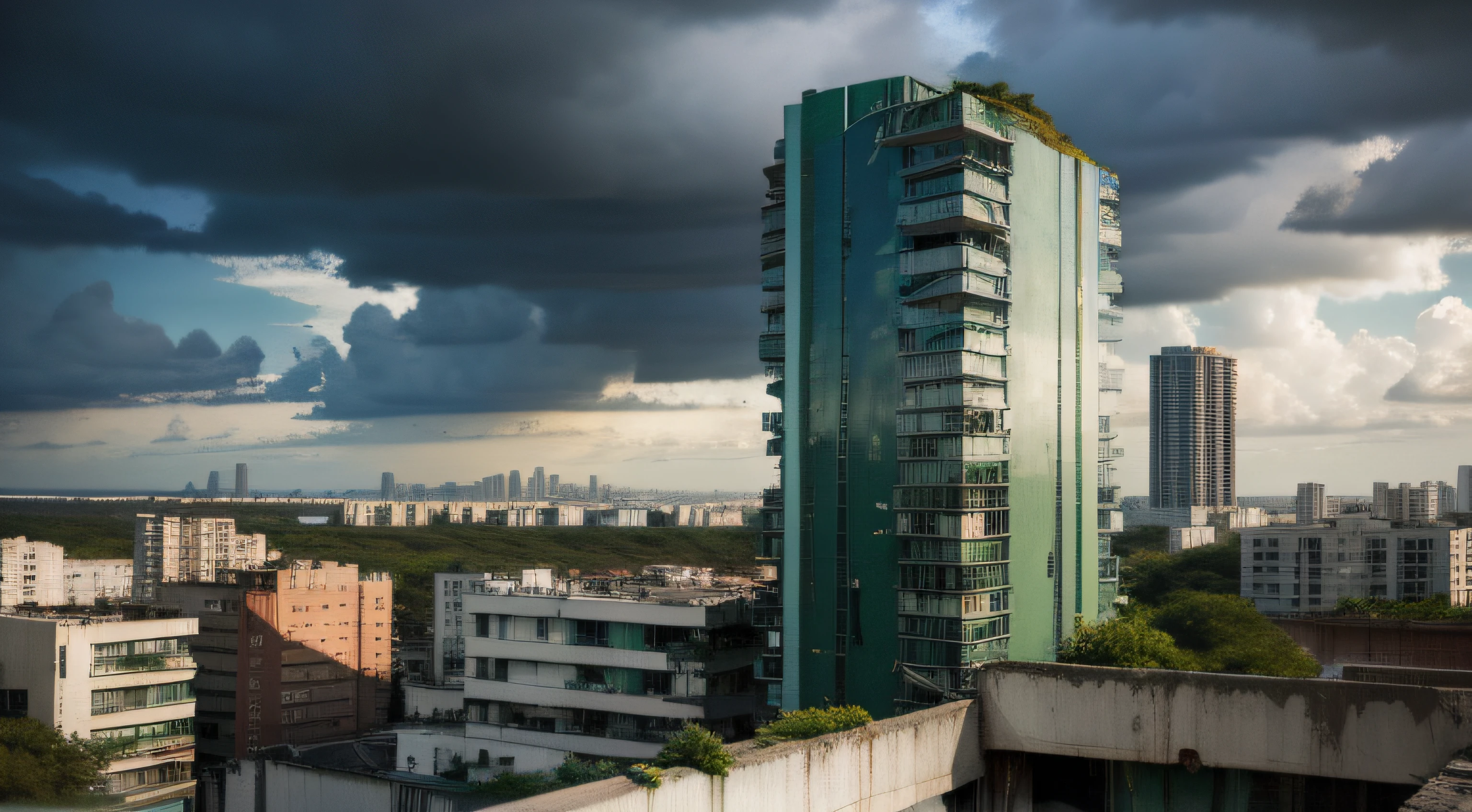 Green City，High-rise buildings，Remains Cliff，armored concrete，Be in the middle of it，dark stormy clouds，futuritic architecture，delicated，Wallpapers，k hd，higher details，lots of plants，Abandoned houses，After the end times，A doomsday scene，cyber punk perssonage。