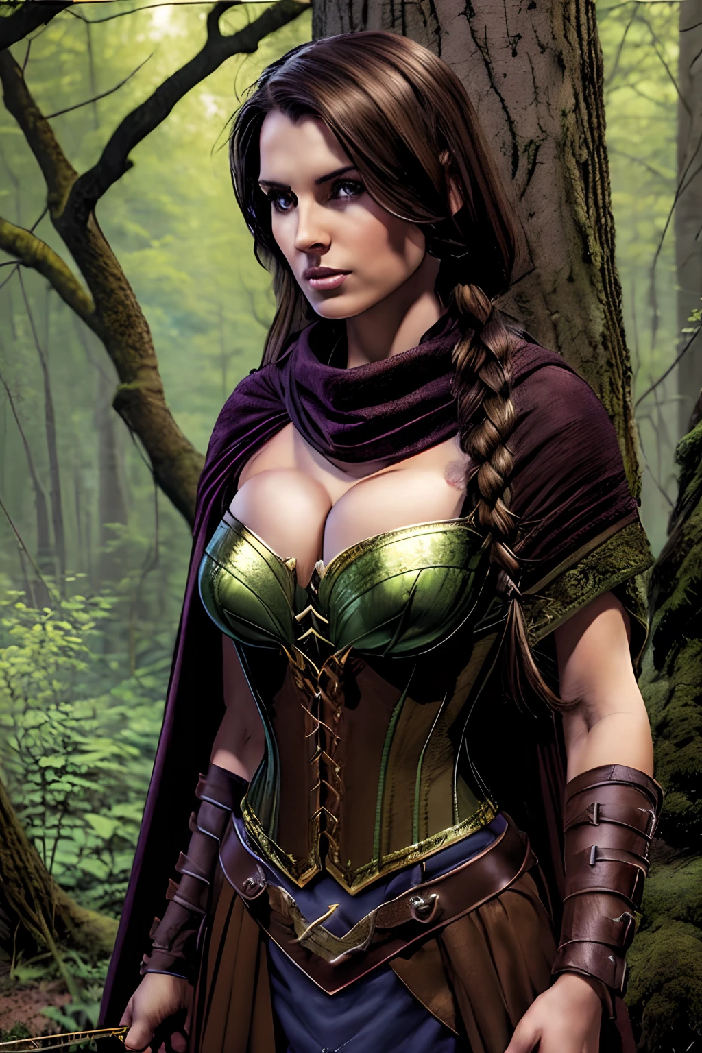 (masterpiece, top quality, best quality, official art, beautiful and aesthetic:1.2), (1girl:1.3), dark brown hair in a single (braid), extremely detailed, portrait, looking at viewer, solo, (full body:0.6), detailed background, close up, cat eyes, (warm summer forest theme:1.1), (elf) ranger, charlatan, smirk, mysterious, walking in forest, revealing ranger attire, cowl, cloak, corset, long boots, buckles, straps, pouches, bow and arrow, green fabric, brown leather, (((, cleavage, ))), slim waist, slim , long legs, medieval (forest exterior:1.1) background, dark mysterious lighting, shadows, magical atmosphere, dutch angle
