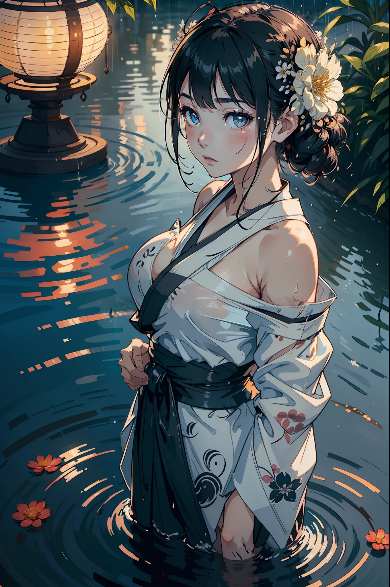 1girl, breasts, moon, lantern, night, solo, large breasts, hair ornament, wet, kimono, japanese clothes, wading, water, hair flower, flower, outdoors, sky, full moon, rain, black hair, off shoulder, mountain, cloud, holding, sash, bare shoulders, paper lantern, standing, white kimono, night sky, sideboob, obi, wet clothes, bangs, tree, from side, reflection, short hair, cloudy sky, wet hair (((masterpiece),(extremely detailed CG unity 8k wallpaper),best quality,,solo,1girl,cinematic lighting,detailed background,beautiful detailed eyes,bright pupils, (an extremely delicate and beautiful),(Beautiful and detailed eye description), ultra-detailed,masterpiece,))