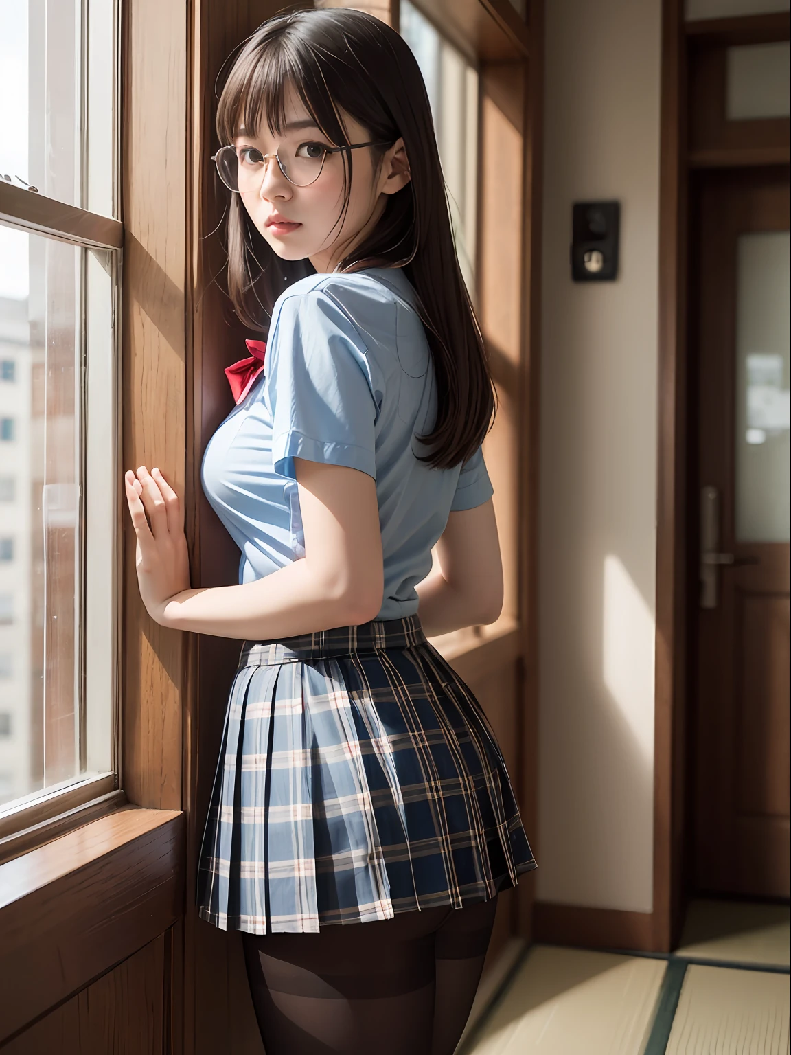 （8K、Raw photography、top-quality、​masterpiece：1.2),bob cuts,cocky,School,watching at viewers,Looking at the front,Muchimuchi,Erotic,Pupils,Light Blue Bra,de pele branca,kne,(Black pantyhose),absurderes,a small face,small tits,flat breast,Parting the bangs from the middle、Forehead visible,(a cold expression,Tight eyes,glares,Bullish,skinny,Rasping,irate)、​masterpiece,top-quality、超A high resolution,Raw photo,ren,Beautiful fece,One Person, 独奏,eye glass,,Dark look,Small breasts,fullllbody,Round glasses、cute little、Back to Student,JK school uniform,hi-school girl,A Japanese Lady,is standing,（Photorealsitic：1.37）、Photon mapping,Realistic、Cute little face,Brown-eyed、Black socks、(Red bow tie)、Radio City、Physically Based Rendering、depth of fields、Blurry background、a picture,Body,teens girl,beauty legs, Long legs, Thin leg,(Bangs are visible), hair, s lips, Blue_The eye, nosesoft,(Light blue shirt), (Navy and blue and white plaid pleated skirt), Knees are visible,Sheer clothing,, Thigh, Black cotton socks,Nogizaka Idol, 女優, Japanese ido
