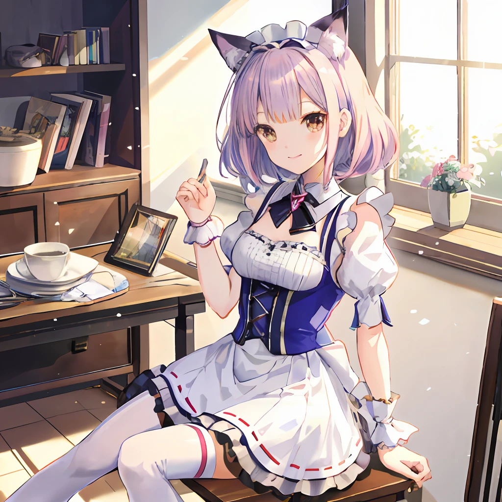 Anime characters sitting on a table in a room in costume, 《azur lane》role, anime cat girl in a maid costume, anime girl with cat ears, 3dcg, atelier lulua, 2. 5 D CGI anime fantasy artwork,