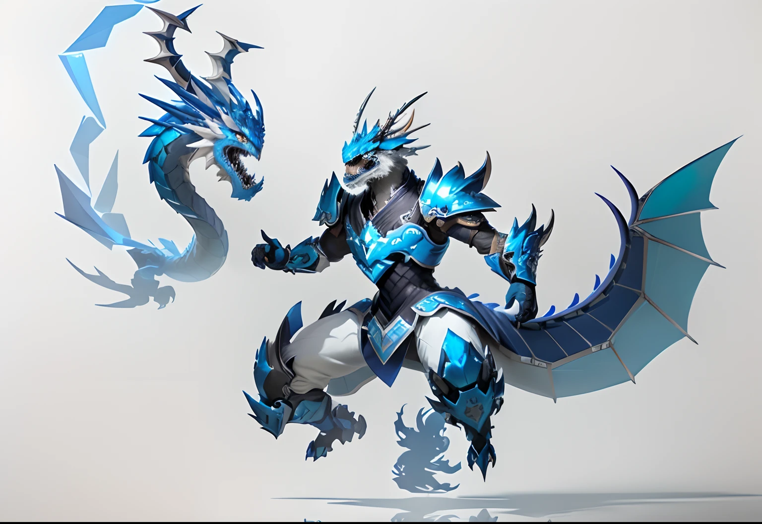 there is a drawing of a blue and white dragon on a white wall, chinese dragon concept art, airbrush concept art, dragon inspired blue armor, full body dragon concept, painted as a game concept art, airbrush render, stylized as a 3d render, anthro dragon art, fantasy creature concept art, stylized concept art