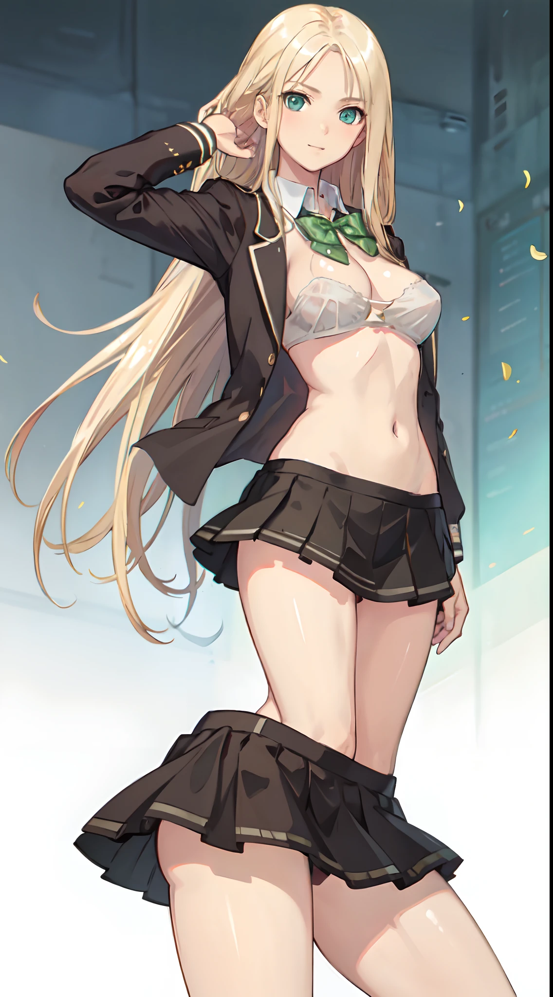 blonde hair, long hair, green eyes, happy, school uniform, short skirt, medium breast, cleavage, classroom, slim legs, navel, open clothes