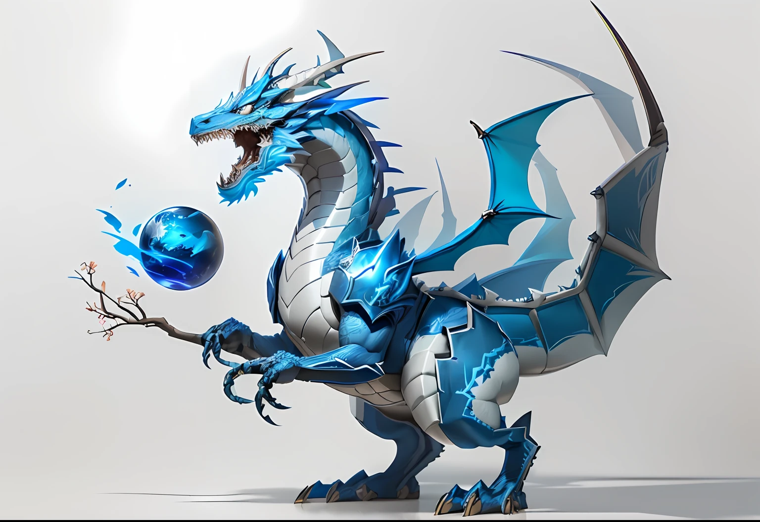 there is a drawing of a blue and white dragon on a white wall, chinese dragon concept art, airbrush concept art, dragon inspired blue armor, full body dragon concept, painted as a game concept art, airbrush render, stylized as a 3d render, anthro dragon art, fantasy creature concept art, stylized concept art
