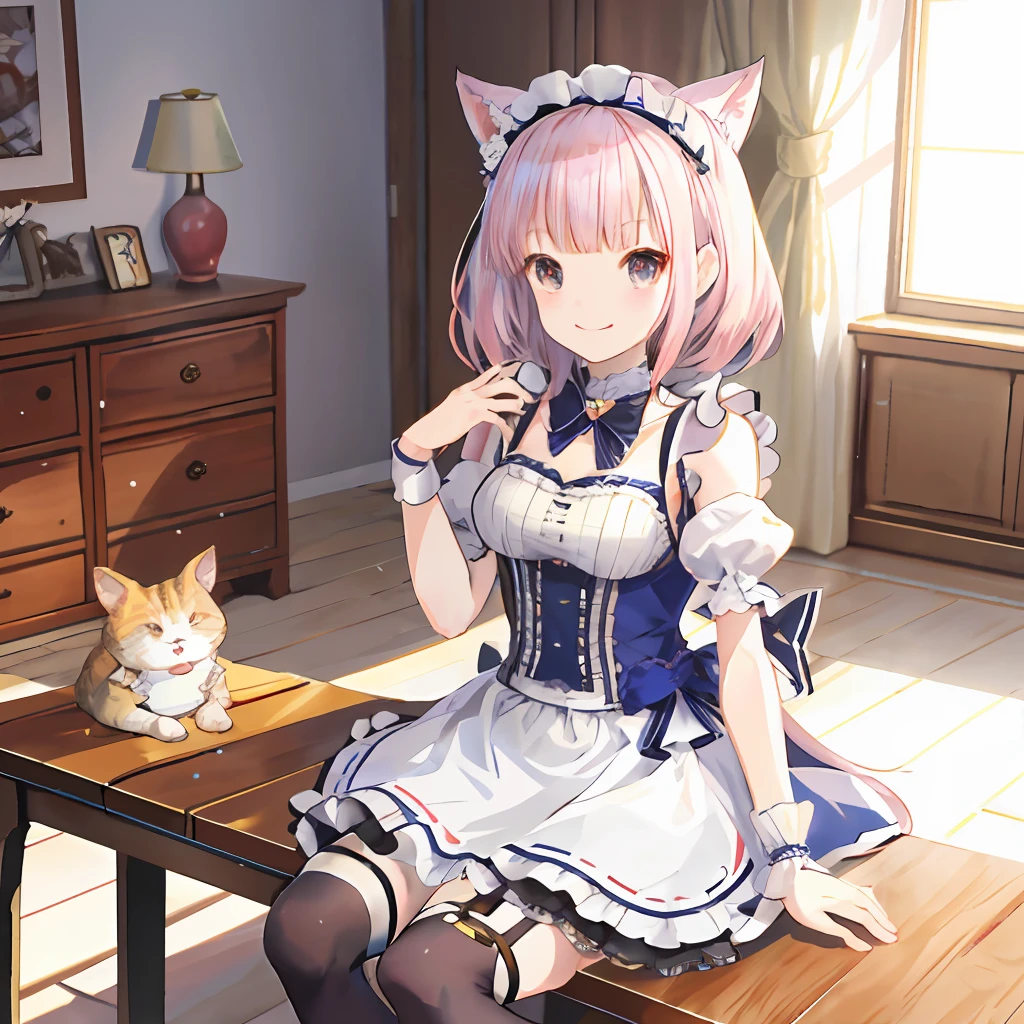 Anime characters sitting on a table in a room in costume, 《azur lane》role, anime cat girl in a maid costume, anime girl with cat ears, 3dcg, atelier lulua, 2. 5 D CGI anime fantasy artwork,