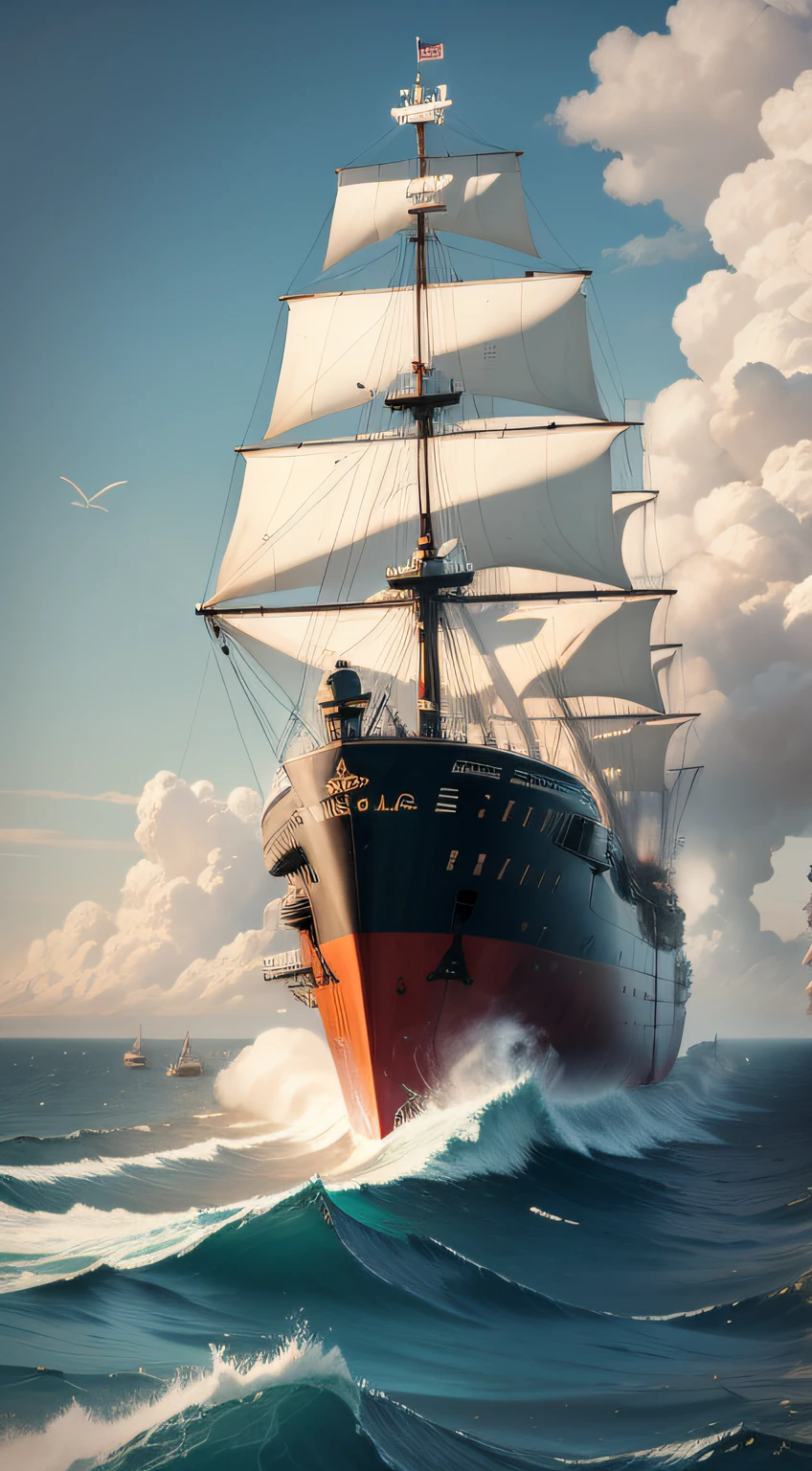 A huge steamer is sailing on the sea