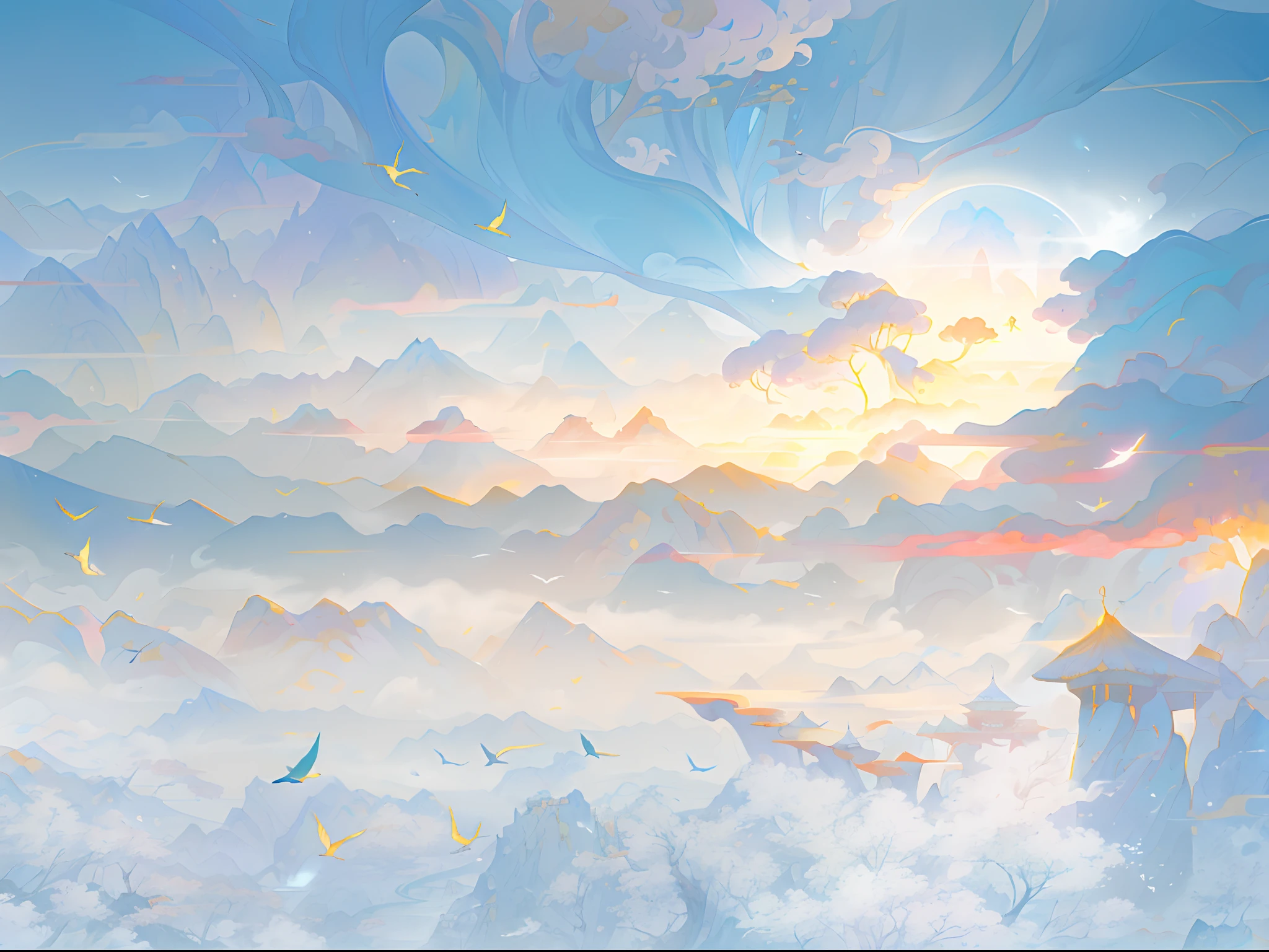an image of an asian landscape with mountains and birds in the air, in the style of fantastical otherworldly visions, light cyan and gold, intricately mapped worlds, hyperrealistic illustrations, romanticized cityscapes, detailed character illustrations, organic shapes and curved lines, --v6