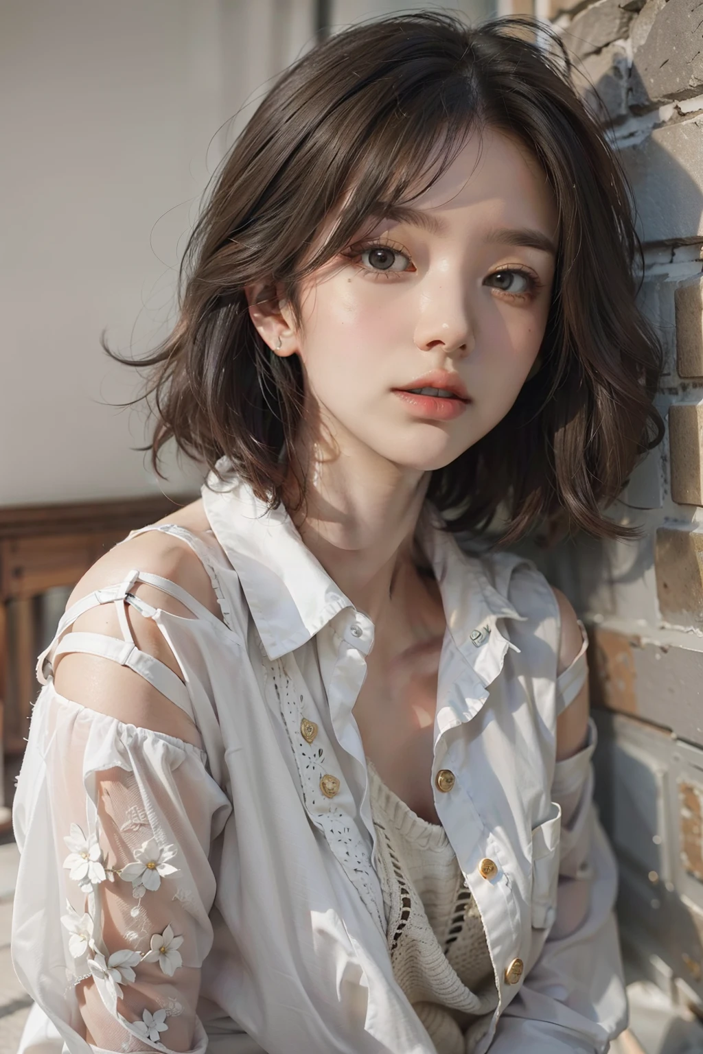 k hd，hyper HD，Extremely delicate and exquisite, extremely higly detailed, brunette color hair, short detailed hair, beautiful details girl, Fingers of detail, extremely detailed eyes ancface, Beautiful detail nose, beatiful detailed eyes，Best picture quality， tmasterpiece， 超高分辨率， （Fidelity：1.4）， photore， 1 rapariga，white  shirt，worn jeans，White sneakers， be desperate， pitying， cinematic ligh，  （torn laundry：1.5）， （wetclothes：1.4）， exposed bare shoulders，