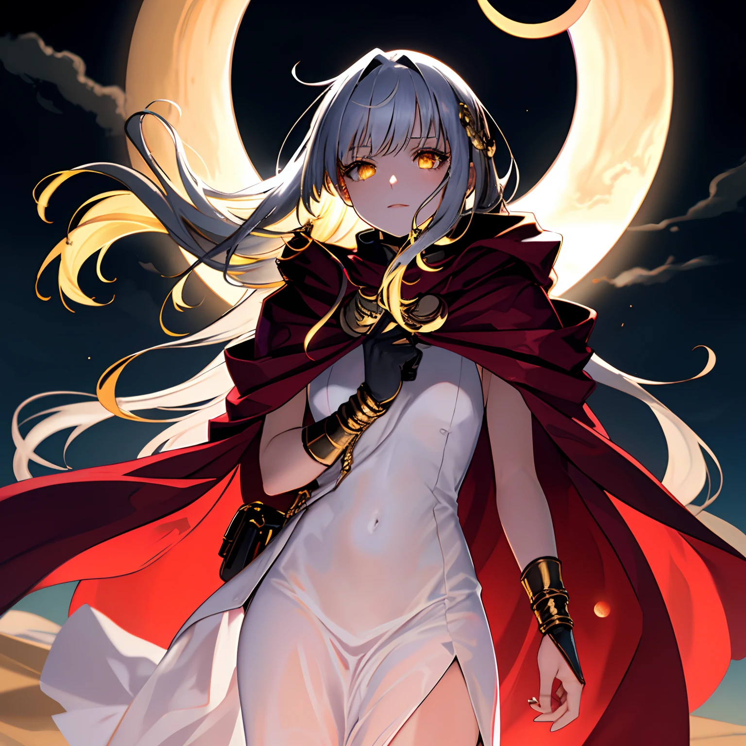 (solar eclipse:1.2),night,shine,shining,glow,gleam,highlight,girl,glowing hair,gold hair,silver hair,long hair,aura of light,red cloak,Metalheart,desert